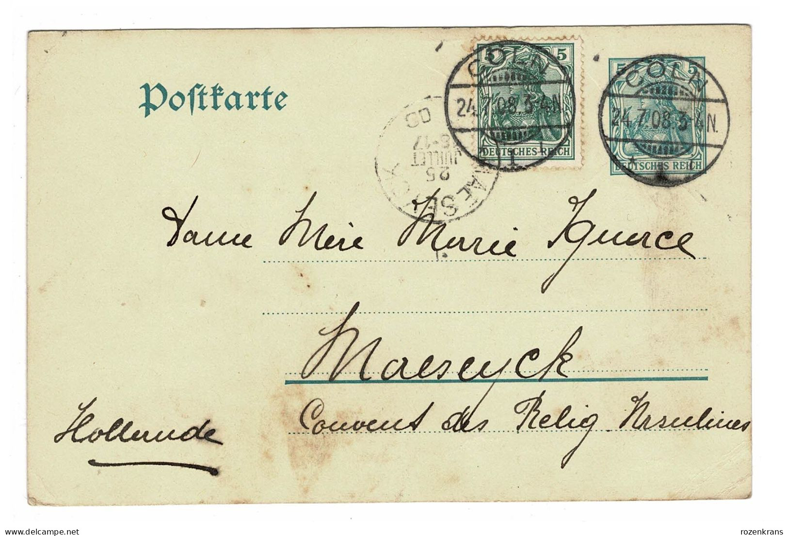 EP E.P. Entier Postale Ganzsache DEUTSCHES REICH Kartenbrief 1908 Coln  Postwaardestuk Naar Maeseyck Ursulinen - Briefkaarten