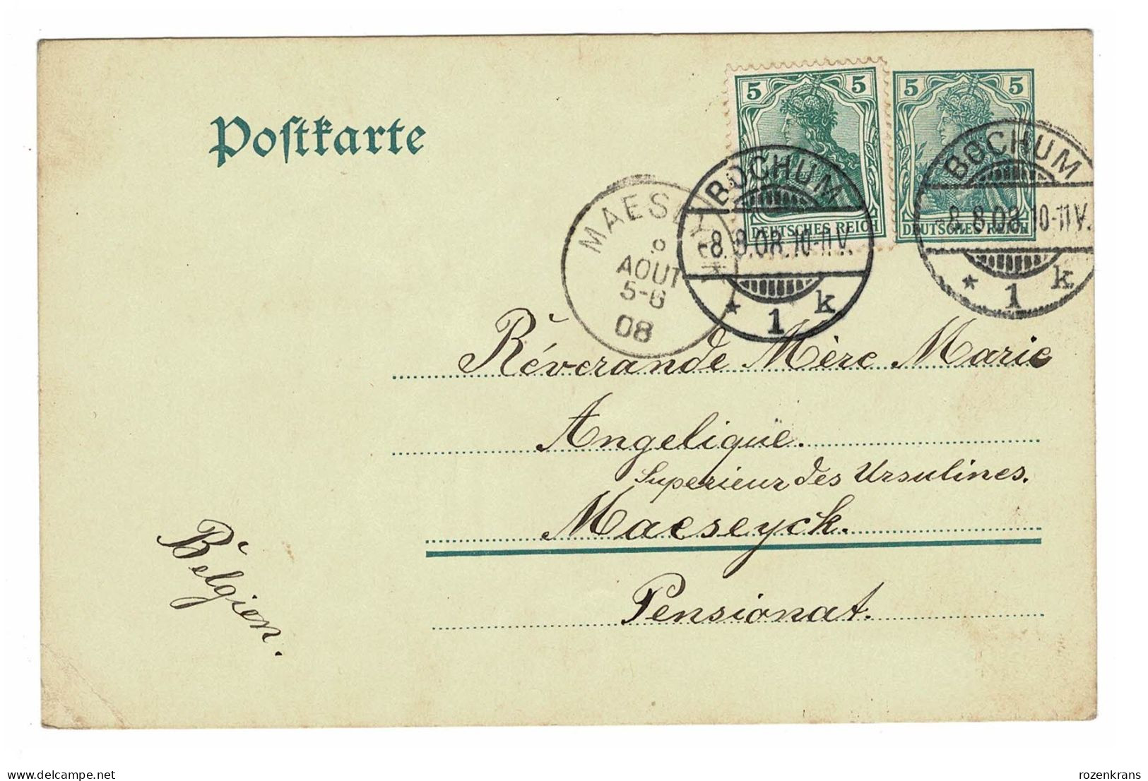 EP E.P. Entier Postale Ganzsache DEUTSCHES REICH Kartenbrief 1908 Bochum Postwaardestuk Naar Maeseyck Ursulinen - Postcards