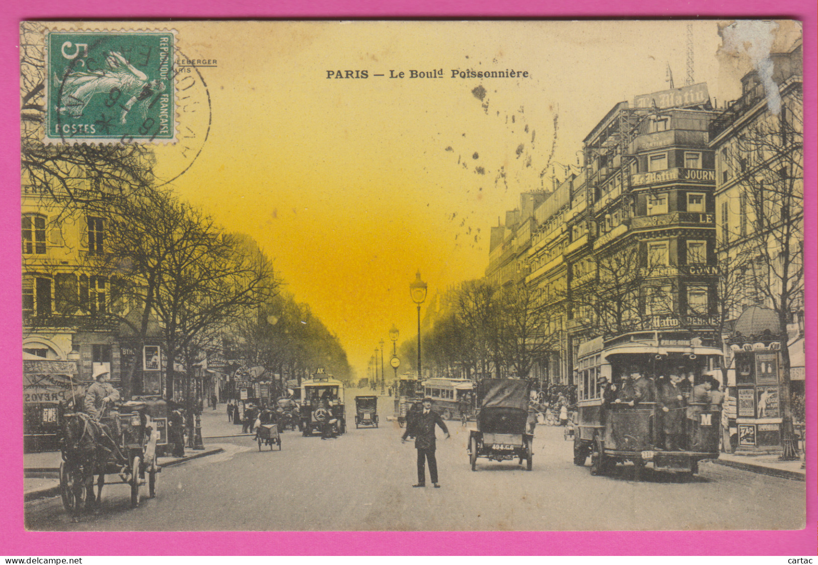 D75 - PARIS 2ème - LE BOULd. POISONNIÈRE -Véhicules,Cars Anciens-Calèche-Cheval-Tricycle- Carte Colorisée Partiellement  - Paris (02)