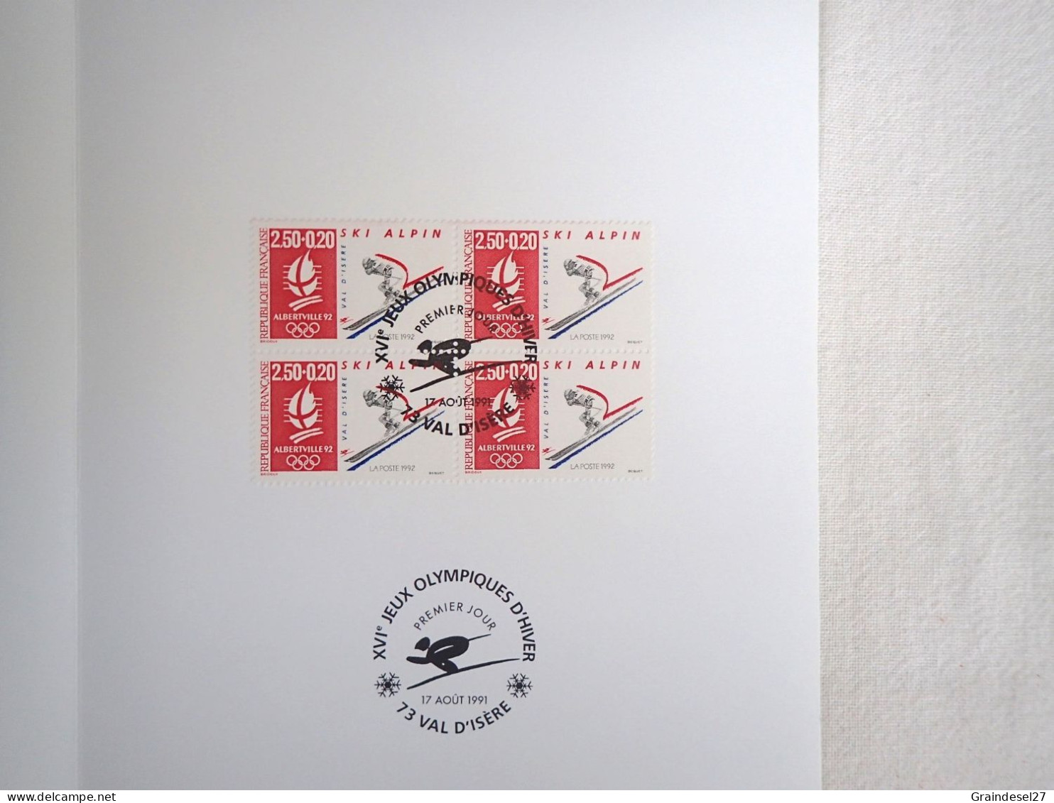 Encart 1er Jour FDC Bloc 4 Timbres J0 Albertville 1992 - Ski Alpin - Cachet Val D'Isère. Numéroté - Hiver 1992: Albertville