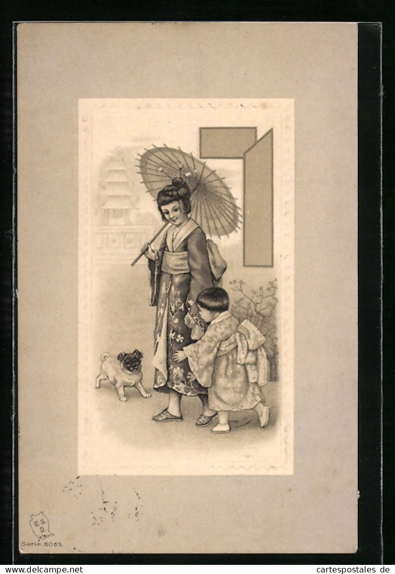 AK Eine Japanerin Mit Ihrem Kind Im Kimono Mit Papierschirm Und Kleinem Hund, Pagode  - Non Classés