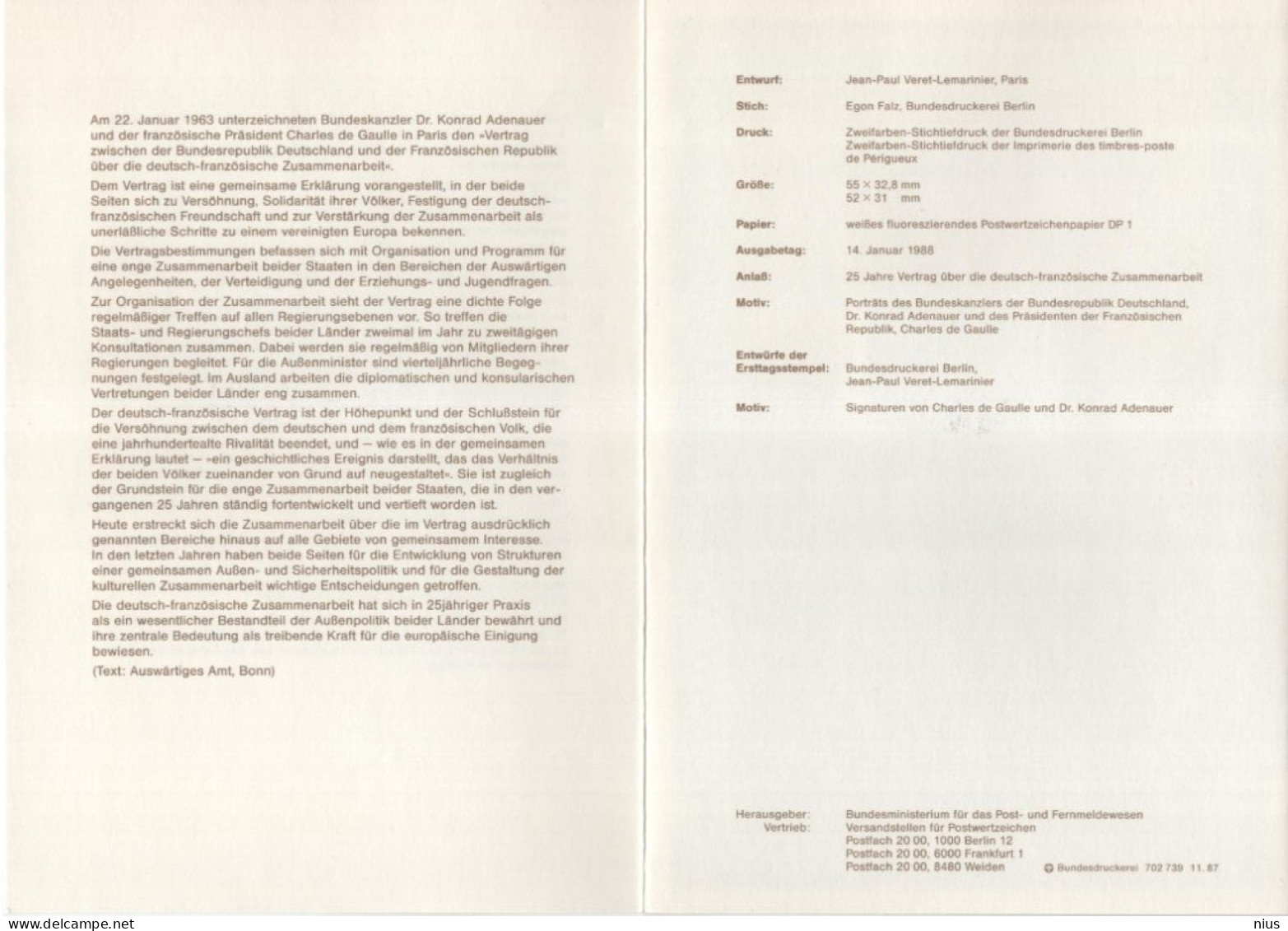 Germany Deutschland France 1988-04 Deutsch-Franzosische Zusammenarbeit German-French Cooperation, Canceled In Bonn Paris - 1981-1990