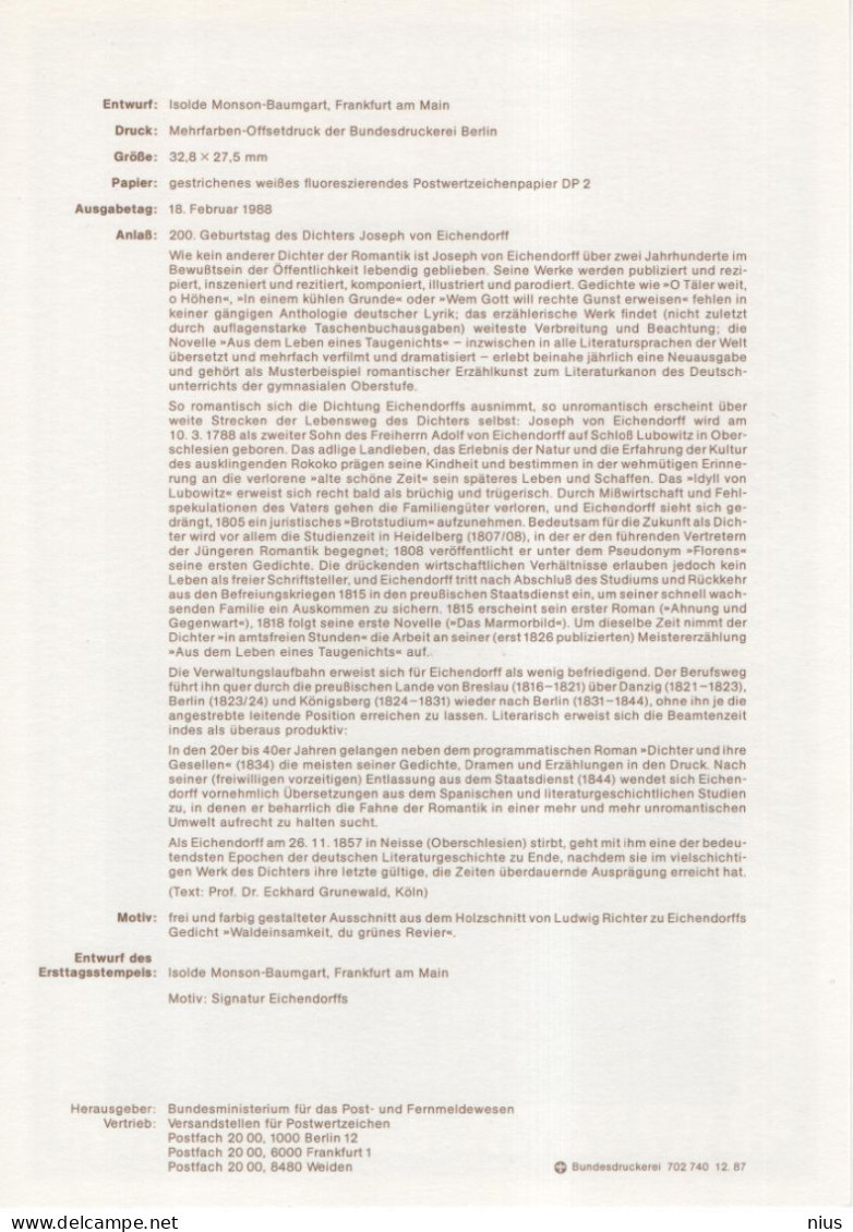 Germany Deutschland 1988-7 200. Geburtstag Joseph Von Eichendorff, German Poet Writer Author, Canceled In Bonn - 1981-1990