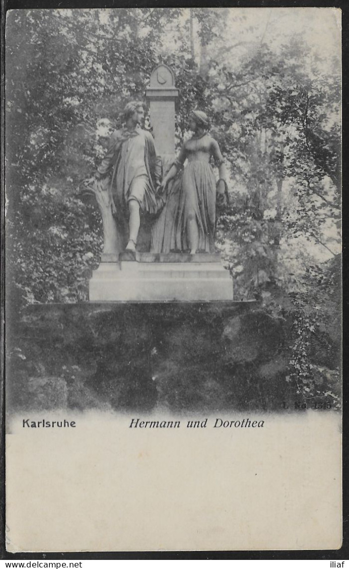 Germany. Karlsruhe. Hermann Und Dorothea Skulptur Illustrated View Posted Postcard - Karlsruhe