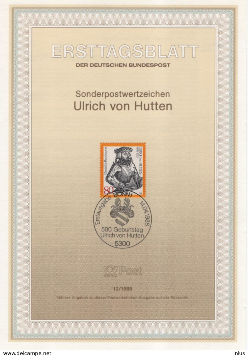 Germany Deutschland 1988-12 Ulrich Von Hutten, German Knight, Scholar, Poet, Writer, Canceled In Bonn - 1981-1990