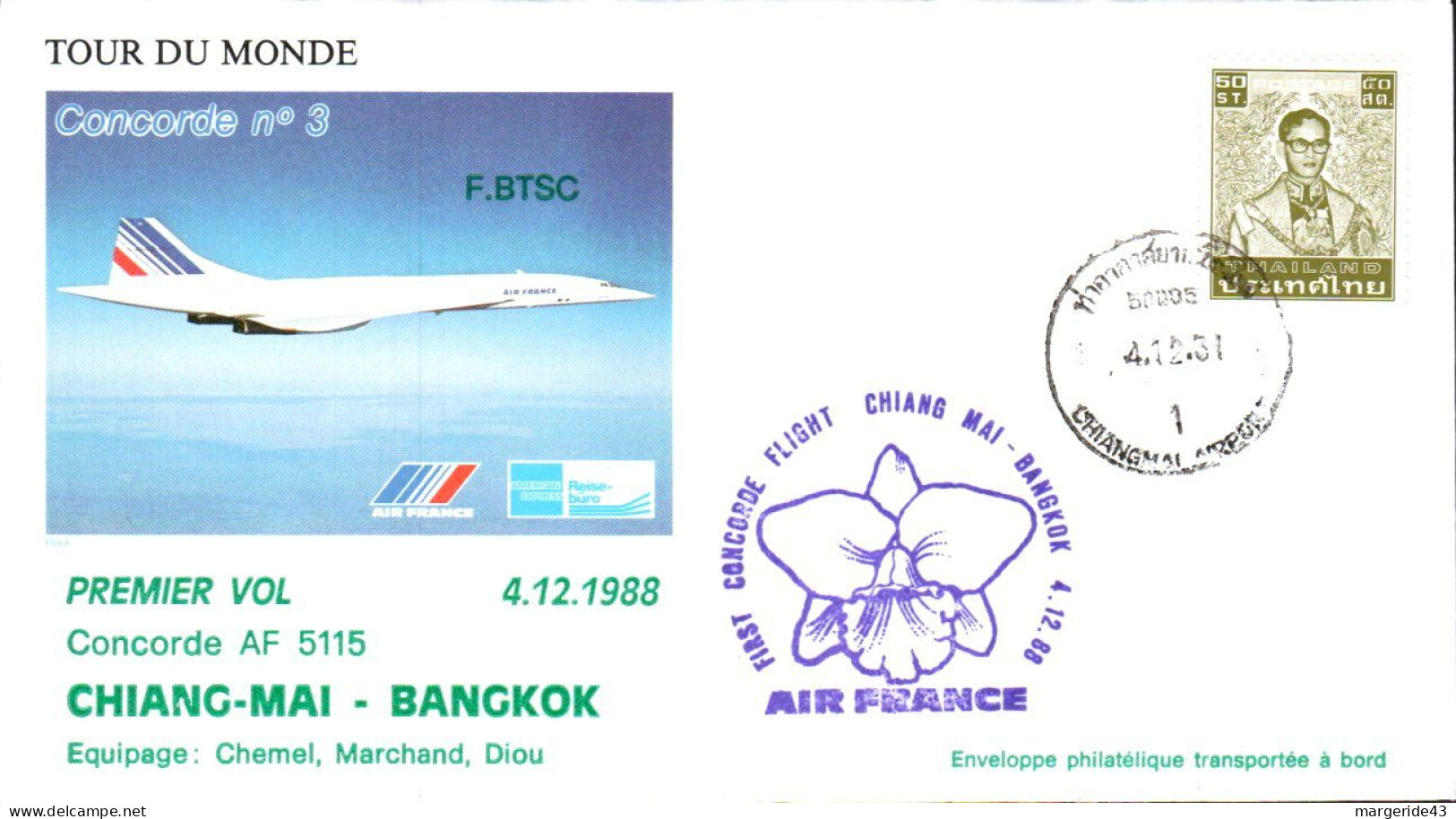 CONCORDE PREMIER VOL AF 5115 CHIANG-MAI-BANGKOK 1988 - Concorde