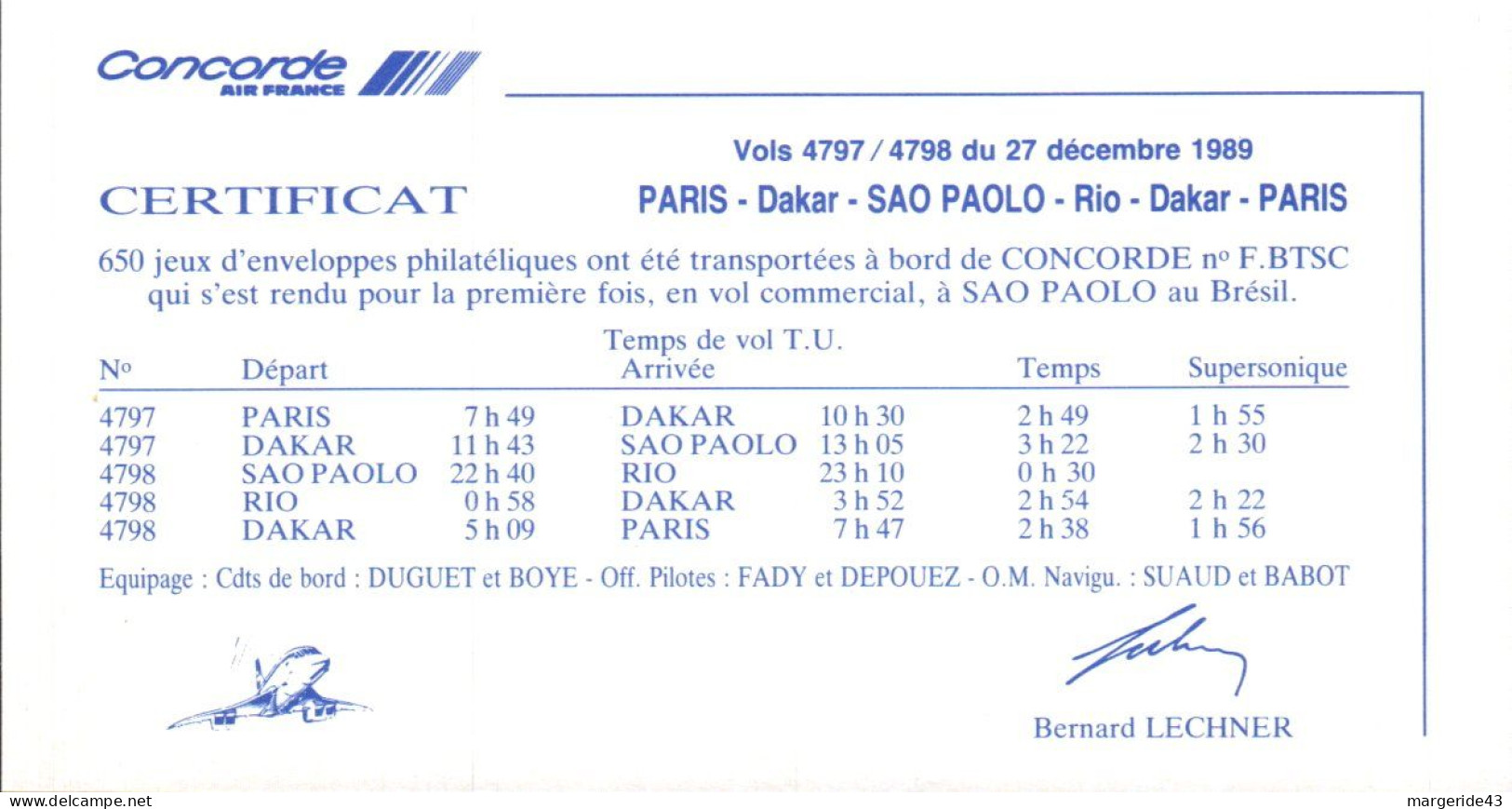 CONCORDE PREMIER VOL COMMERCIAL 4798 SAO PAULO-RIO-DAKAR-PARIS 1989 - Concorde