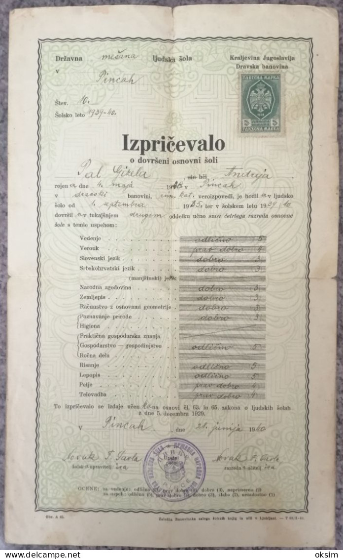 SPRIČEVALO, IZPRIČEVALO, SCHOOL REPORT, PINCE, SLOVENIJA , JUGOSLAVIJA, 1940 - Diploma's En Schoolrapporten