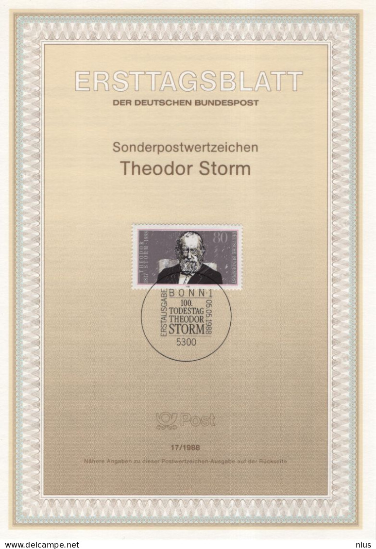 Germany Deutschland 1988-17 100th Anniversary Of The Death Of Theodor Storm, German Writer Poet, Canceled In Bonn - 1981-1990