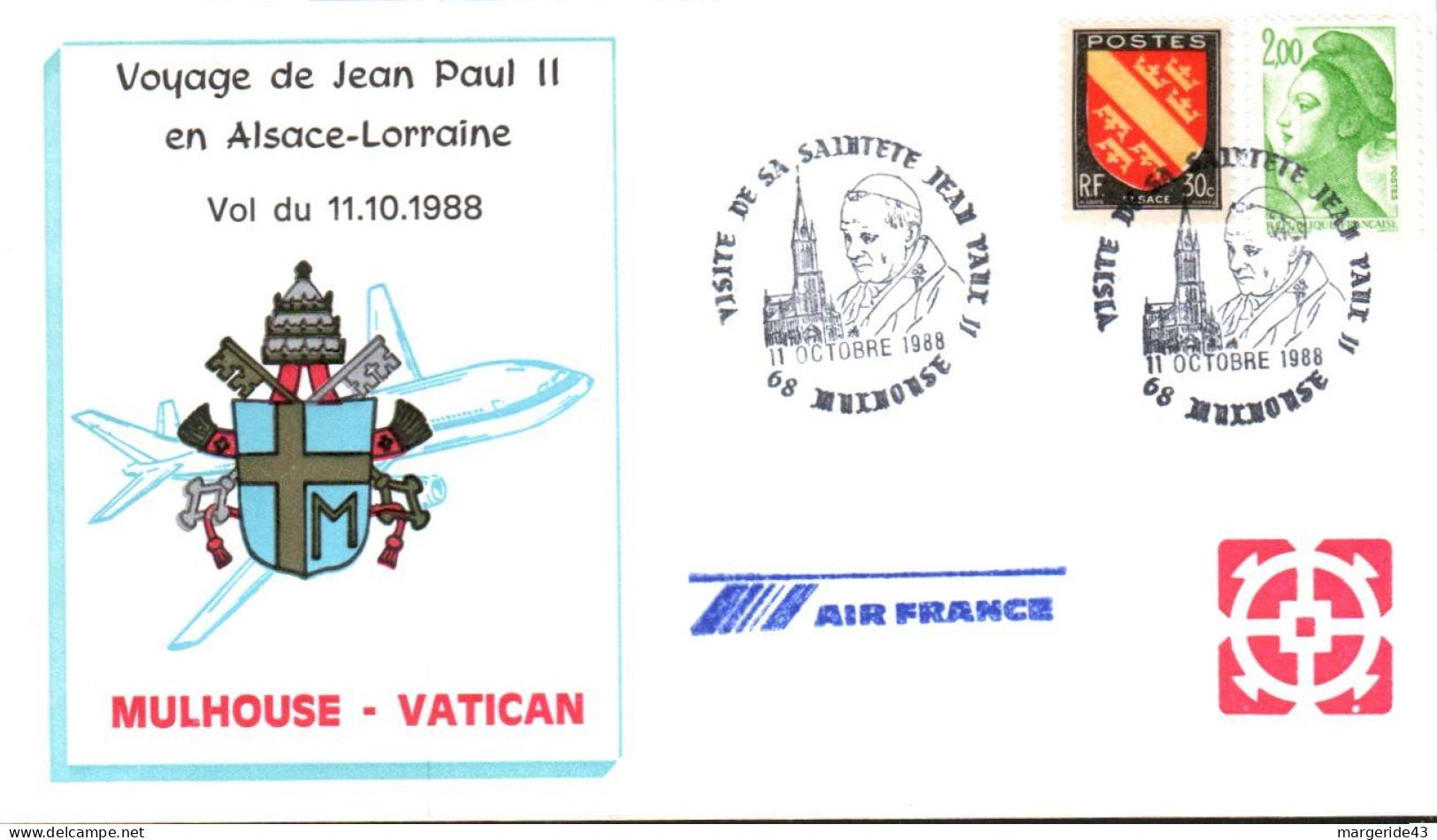VOYAGE PAPE JEAN PAUL II EN ALSACE LORRAINE MULHOUSE VATICAN PAR AIR FRANCE 1988 - Papi