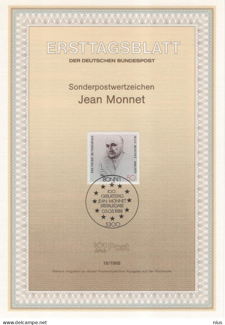 Germany Deutschland 1988-18 Jean Monnet, Politician, Franzosischen Politiker, France, Canceled In Bonn - 1981-1990