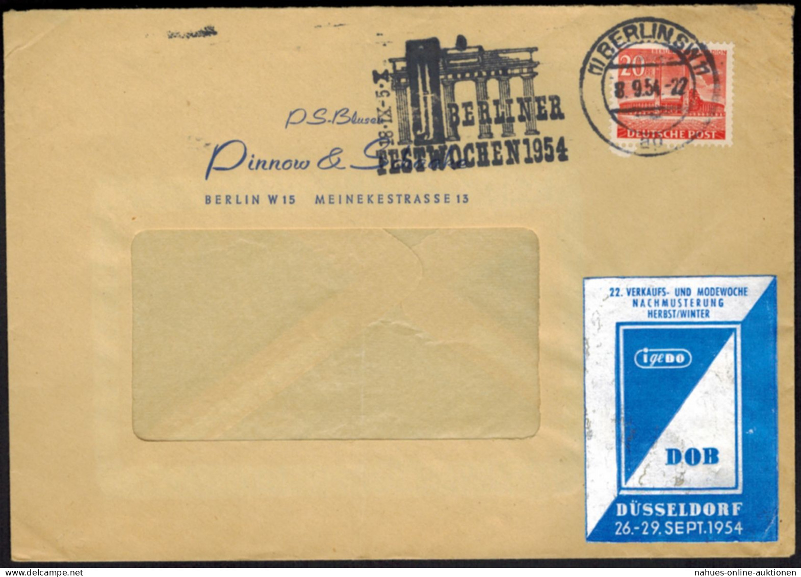 Berlin Brief 113 Mit Seltenem Werbestempel Festwoche Brandenburger Tor 1954 - Storia Postale