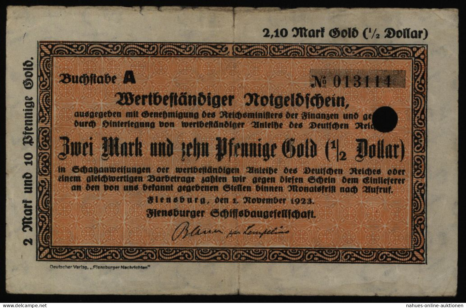 Geldschein Banknote Notgeld Flensburg Schiffsbaugesellschaft 2,10 Mark Gold F005 - Other & Unclassified