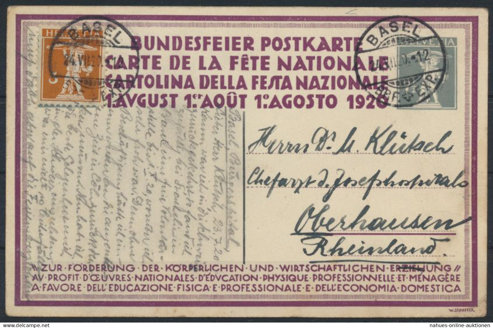 Schweiz Ganzsache P 61 04 + ZuF 5 Pfg. Tell Käser Basel Oberhausen 24.7.1920 - Briefe U. Dokumente