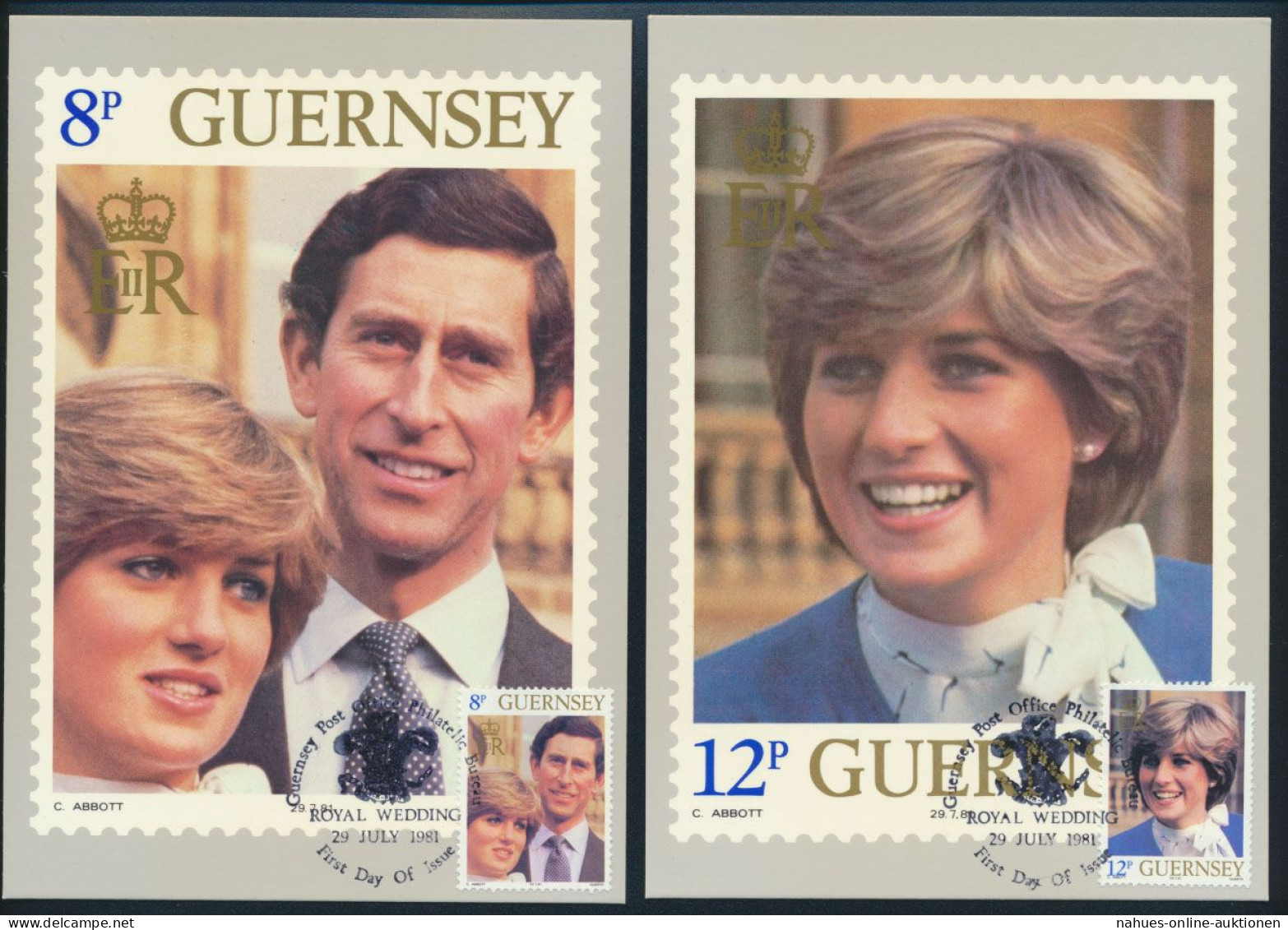 Guernsey 7 Künstlerkarten Hochzeit Von Prinz Charles Und Diana Ersttagsstempel - Guernesey