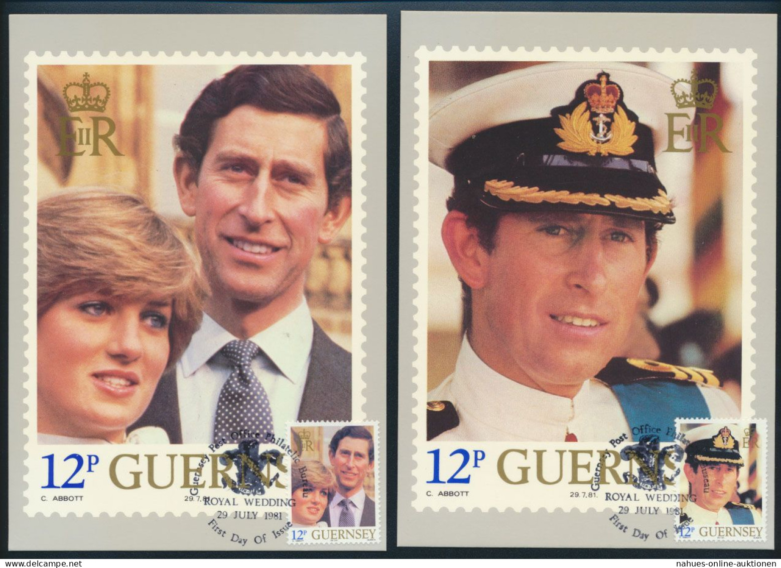 Guernsey 7 Künstlerkarten Hochzeit Von Prinz Charles Und Diana Ersttagsstempel - Guernsey