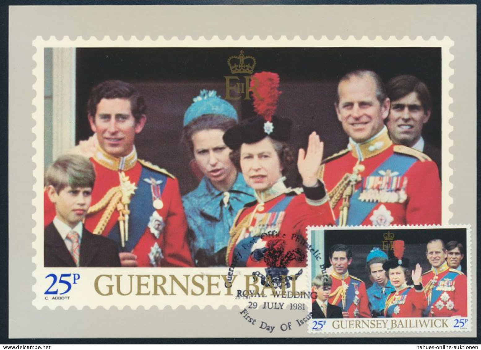 Guernsey 7 Künstlerkarten Hochzeit Von Prinz Charles Und Diana Ersttagsstempel - Guernsey