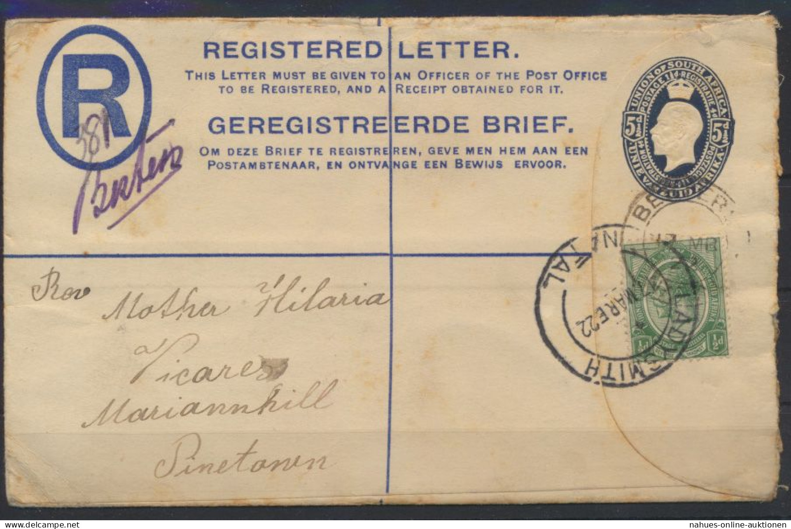 Südafrika Brief Ganzsache 3 B 5 1/2 D King Georg Blau ZuF Via Ladysmith Pinetown - Cartas & Documentos
