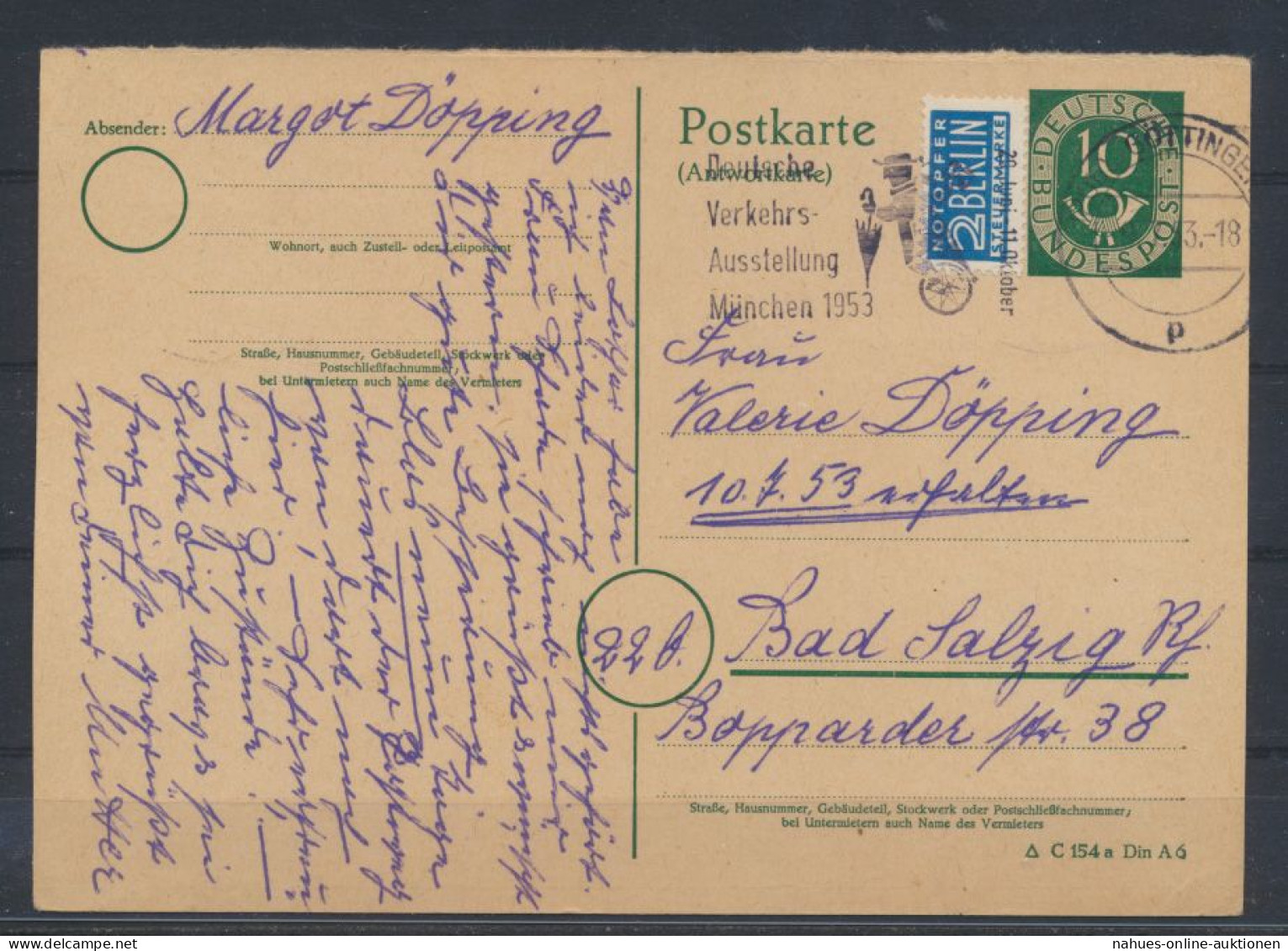 Bund Ganzsache P 14 AI Posthorn Inter Stempel Verkehrsausstellung München Salzig - Cartes Postales - Oblitérées