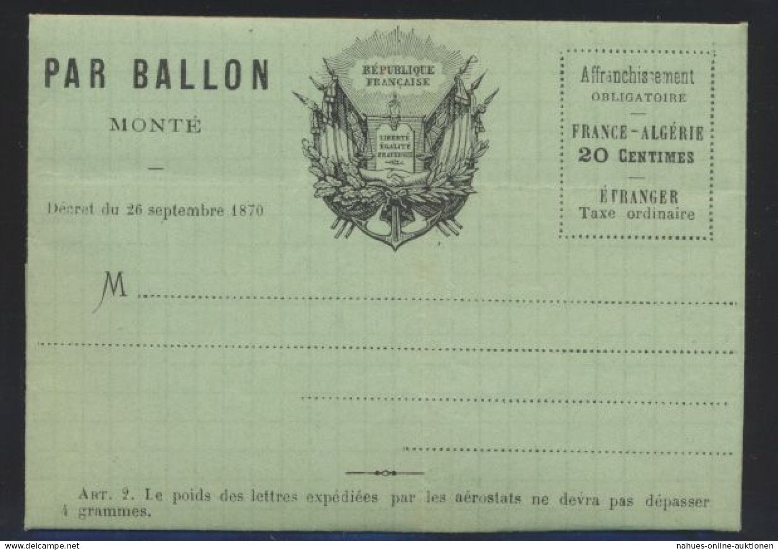 Flugpost Air Mail Ballonpost Ballon Monte Frankreich France 20 C. Faltbrief Von - Covers & Documents