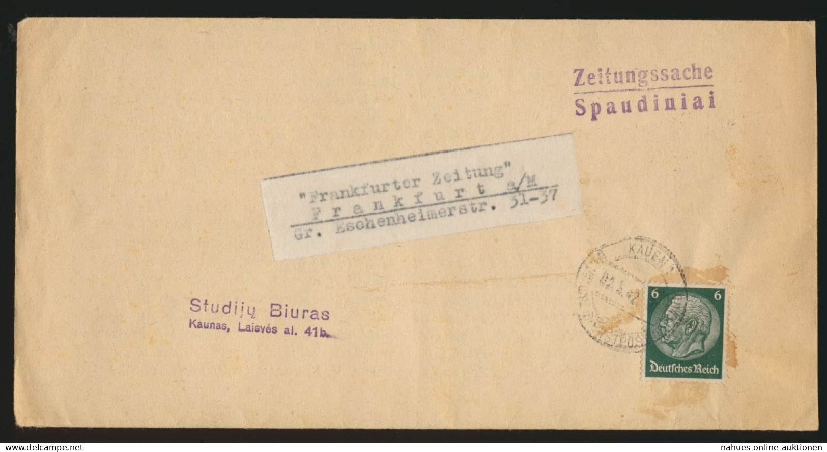 Deutsche Dienstpost Ostland EF Hindenburg Kauen Zeitungsstreifband N. Frankfurt - Bezetting 1938-45