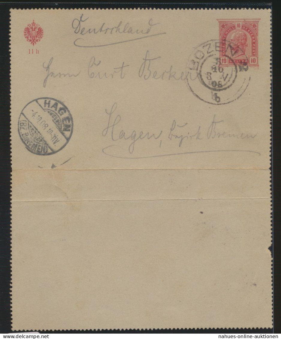 Österreich Italien Südtirol Ganzsache Kartenbrief Bozen Nach Hagen 3.10.1908 - Gebraucht