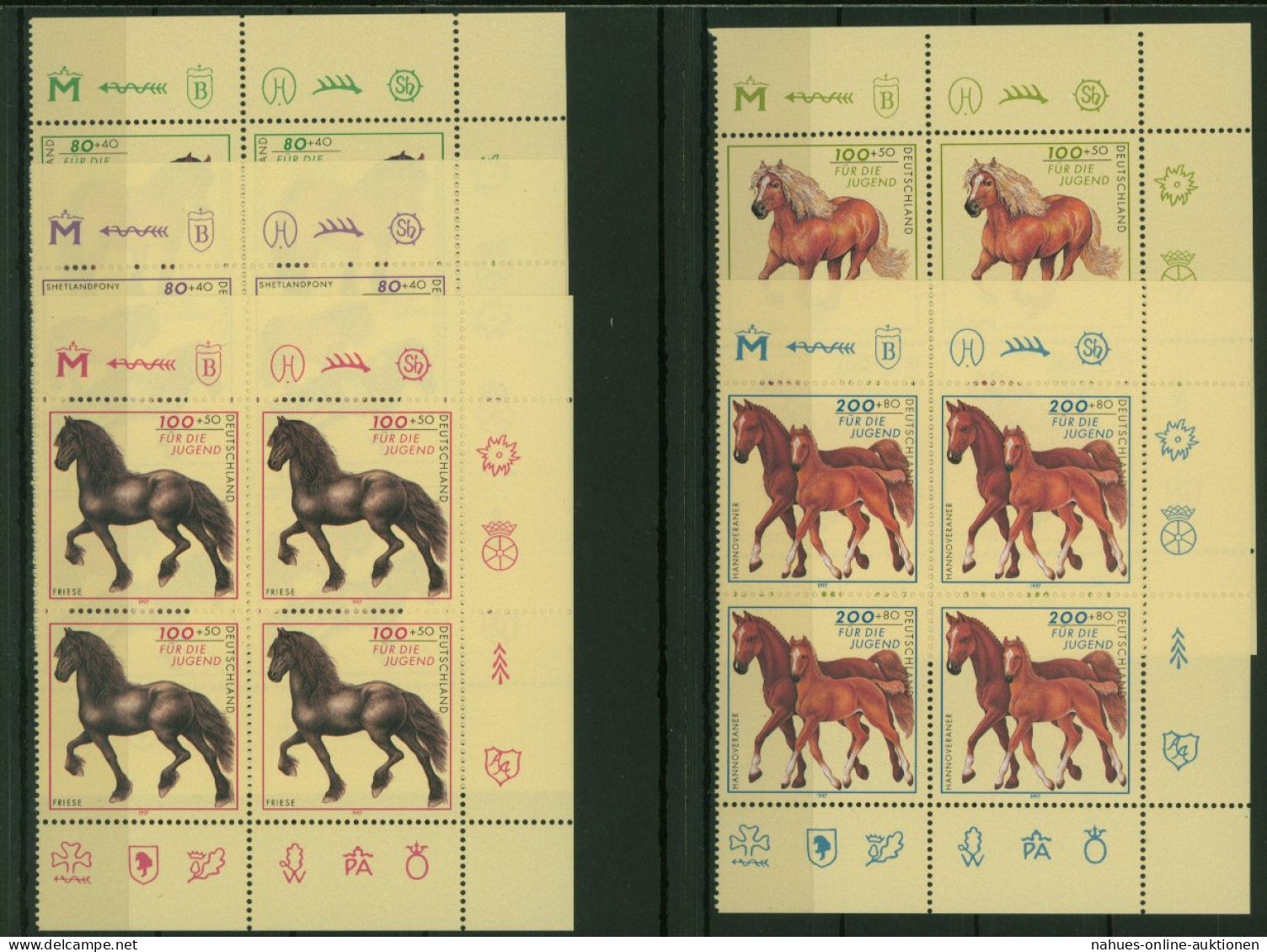 Bund 1920-4 Jugend Pferde Bogenecke Eckrand Viererblock O + U. Rechts Postfrisch - Lettres & Documents