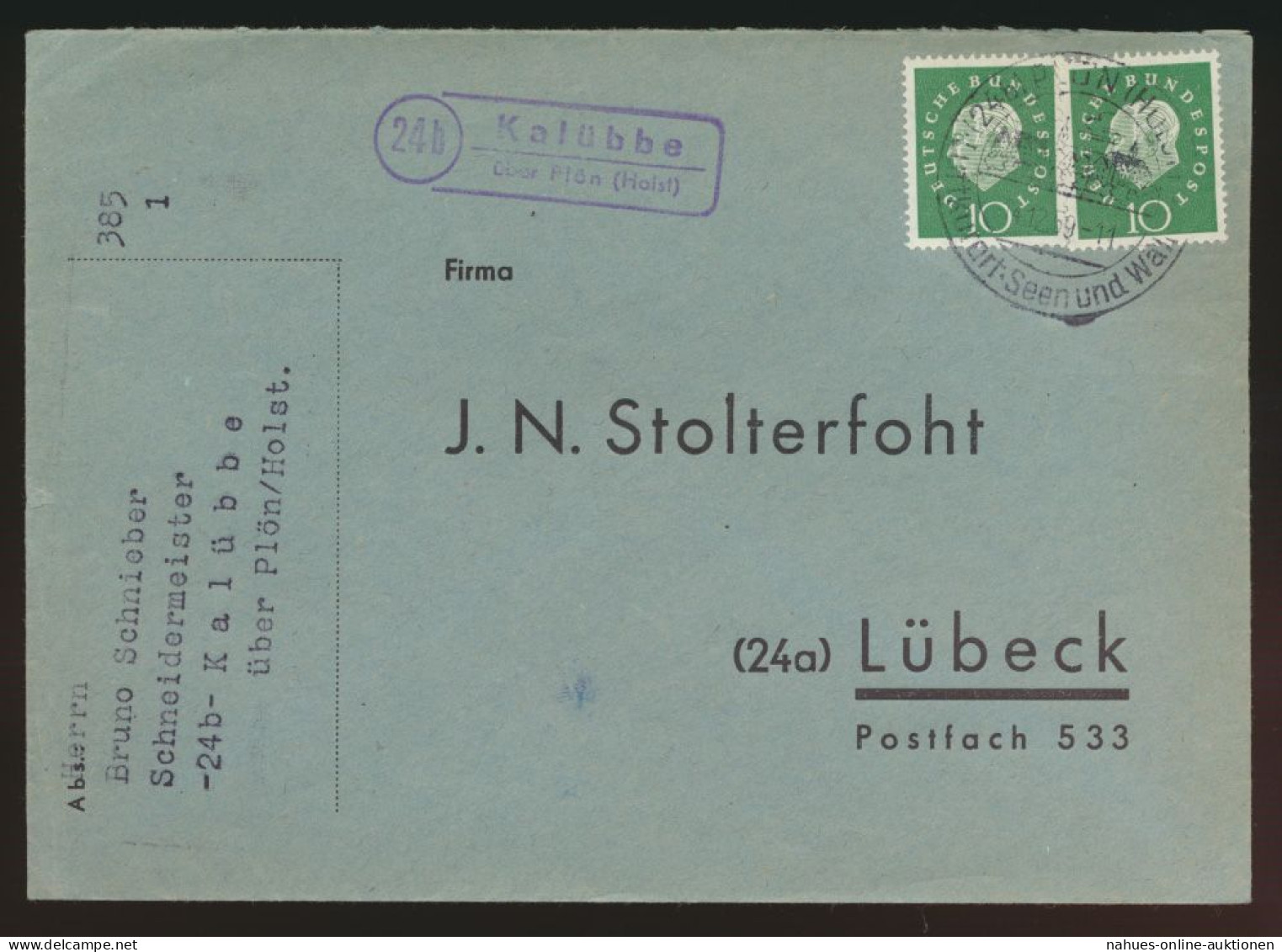 Landpoststempel Kalübbe über Plön Schleswig Holstein Brief Bund MEF Heuss - Lettres & Documents