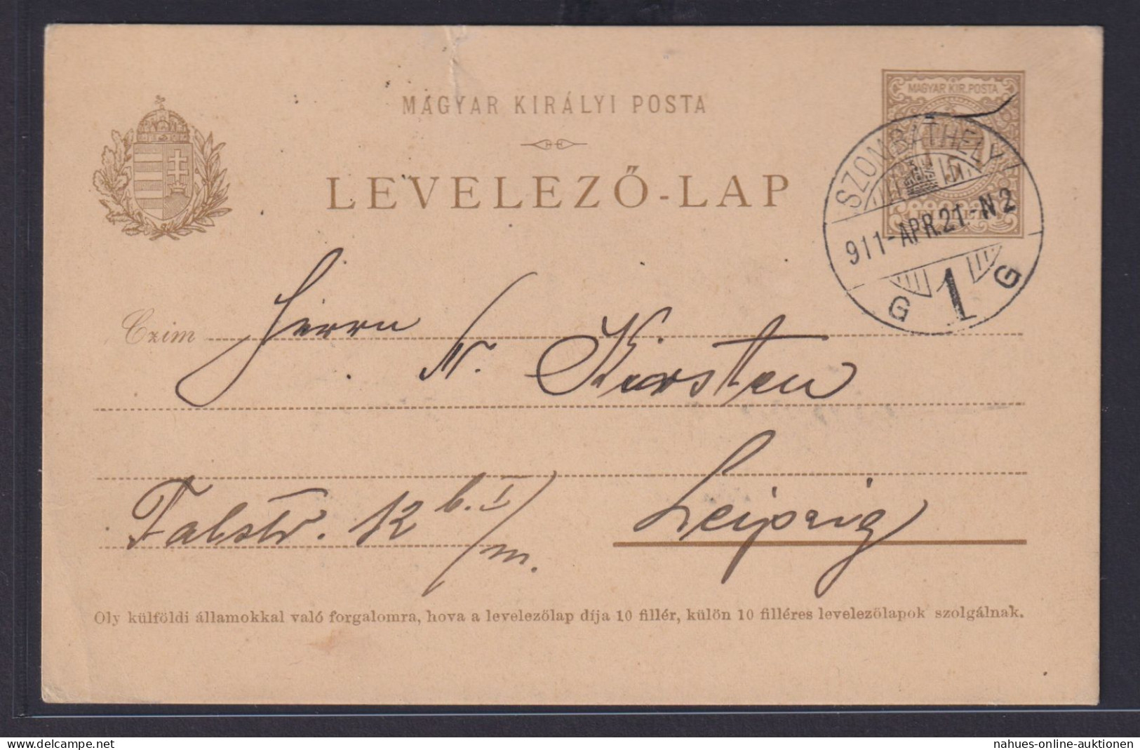 Ungarn Ganzsache GSK 5 Filler K2 Szombathely Nach Leipzig 21.4.1911 - Cartas & Documentos