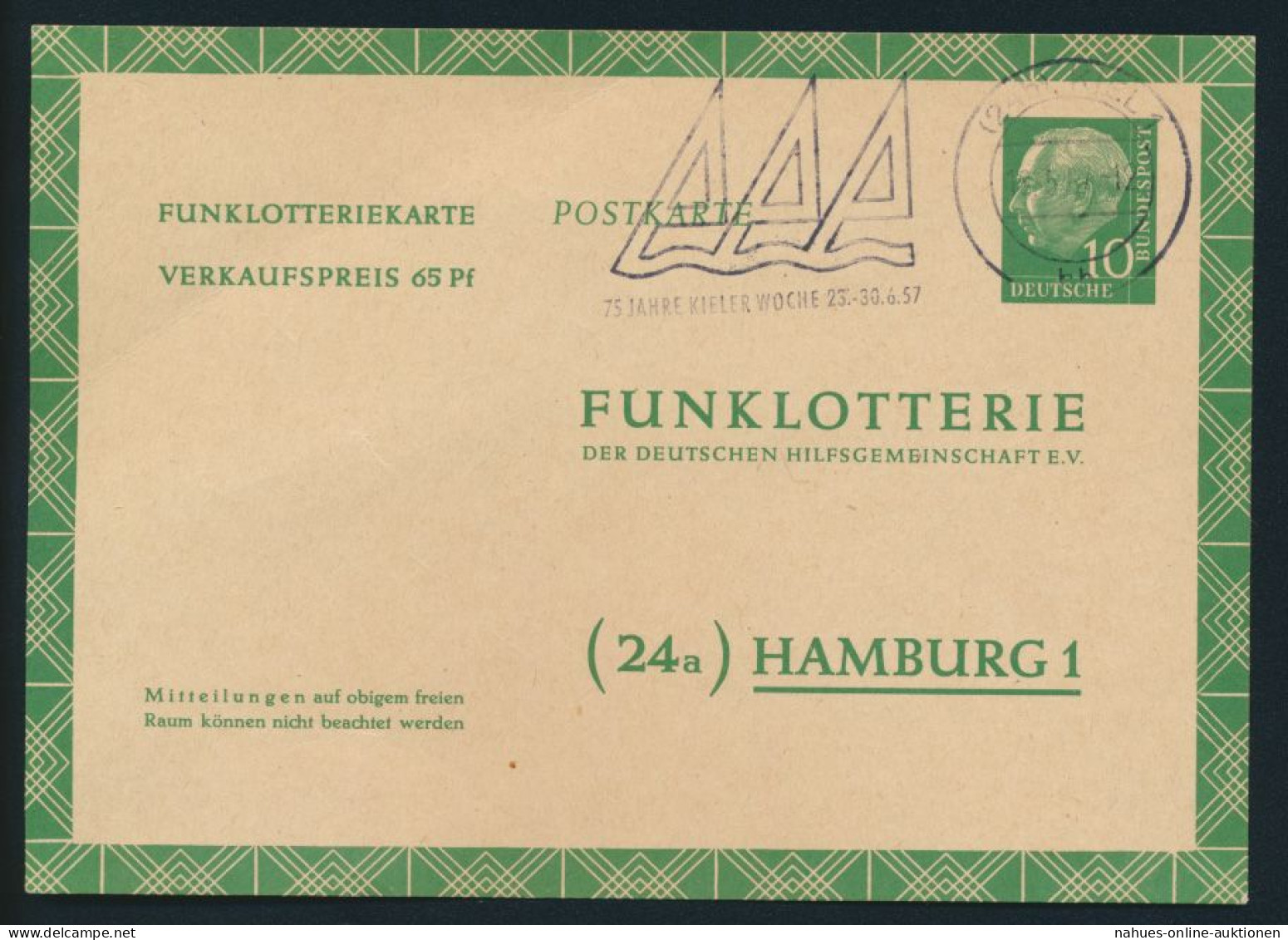 Bund Ganzsache FP 6 A Funklotterie Werbestempel Kieler Woche 1957 - Postkarten - Gebraucht