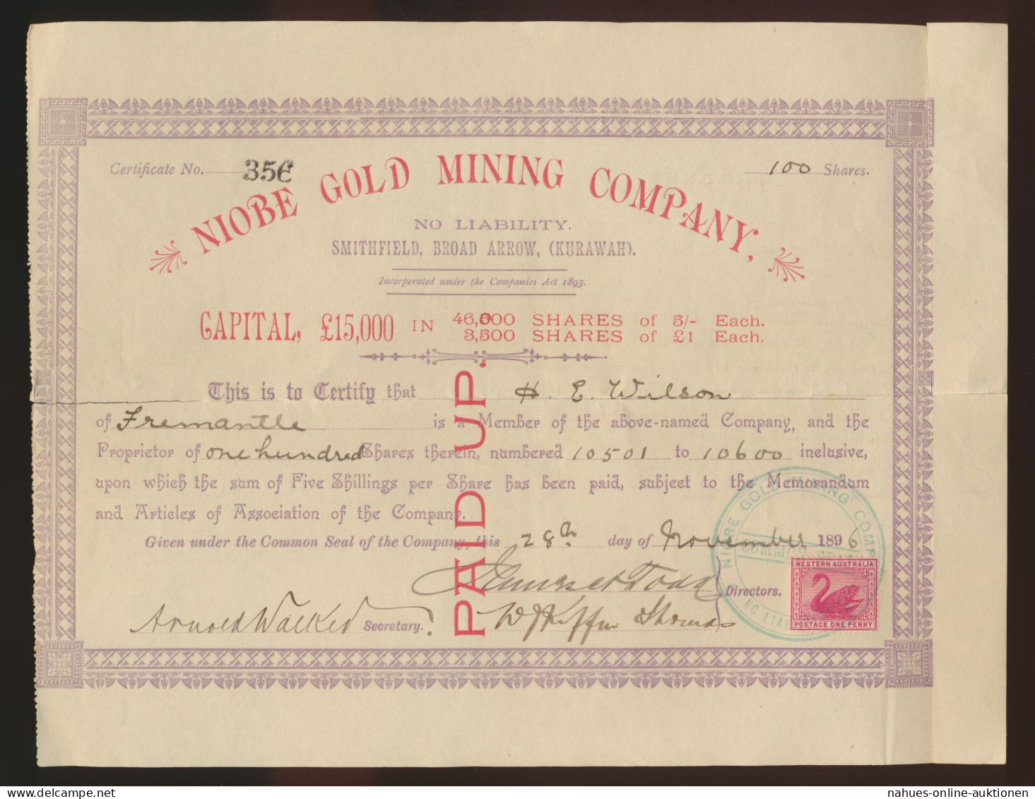 Aktien Shares Gold Australien Goldmine Niobe Gold Mining Company Smithfield 1893 - Sonstige – Ozeanien