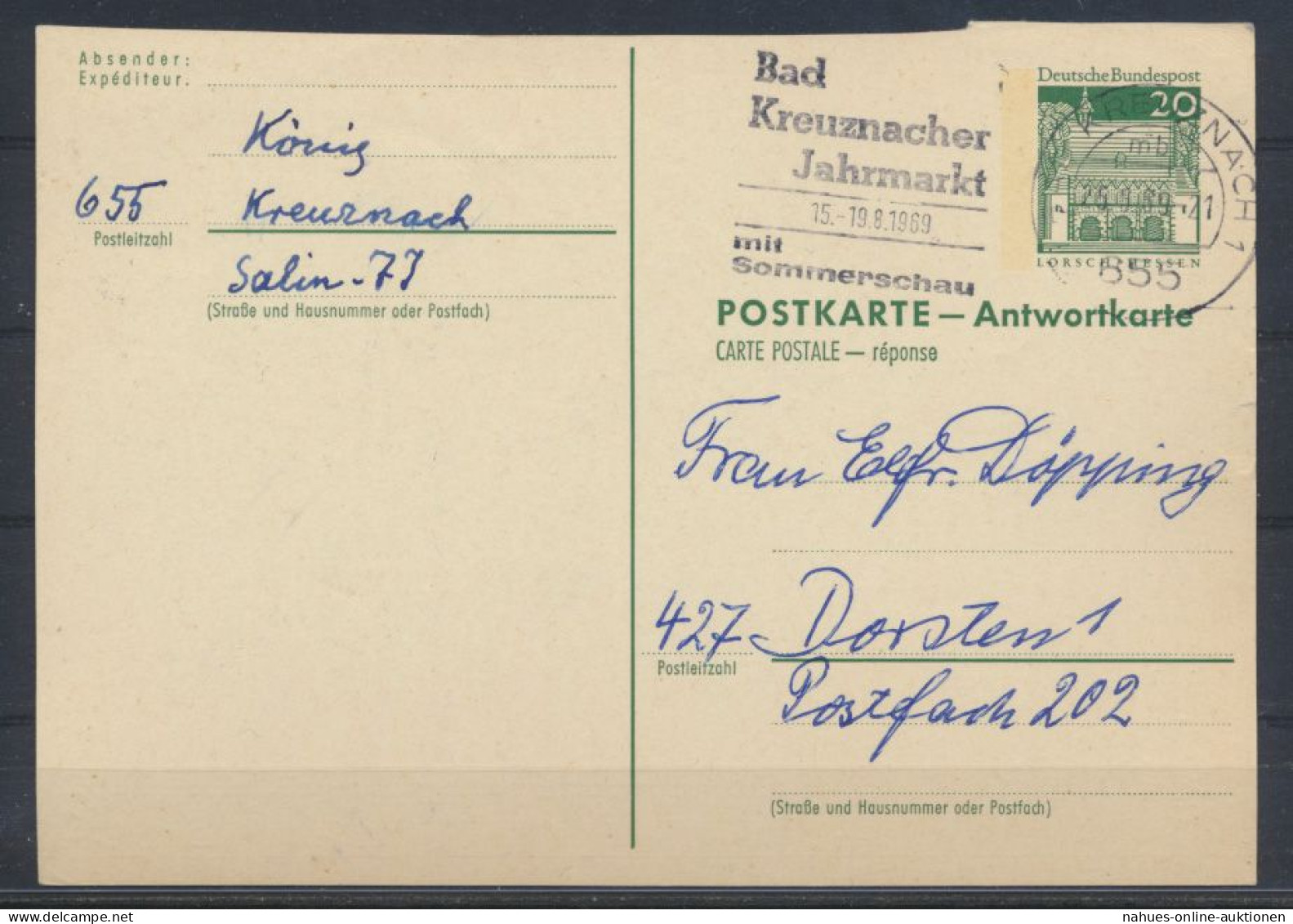 Bund Ganzsache P 94 A Antwort Kreuznach Nach Dorsten 25.8.1959 - Postkaarten - Gebruikt