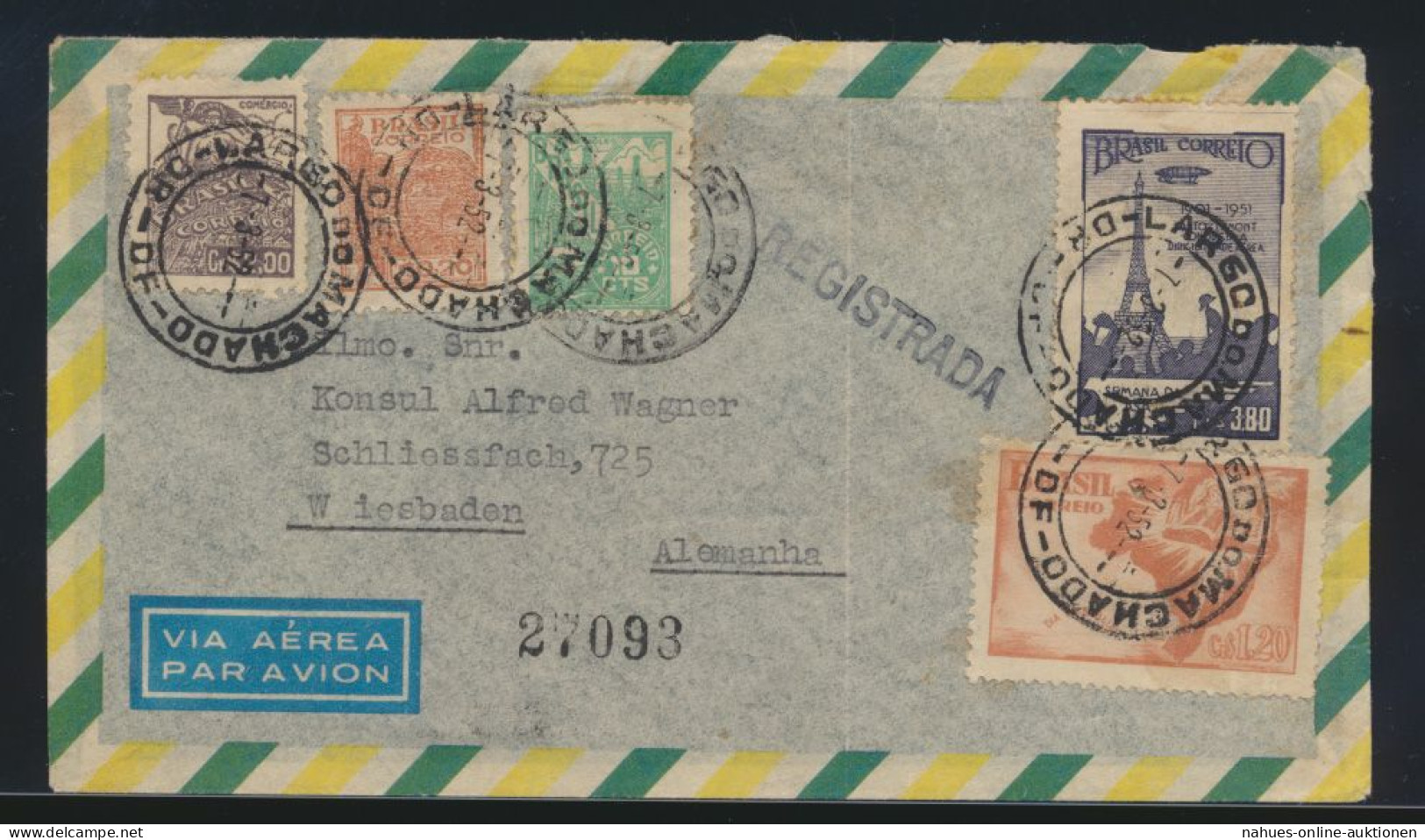 Brasilien R Luftpost Brief Wiesbaden 774 Flug Santos Dumont Um Den Eifelturm - Storia Postale