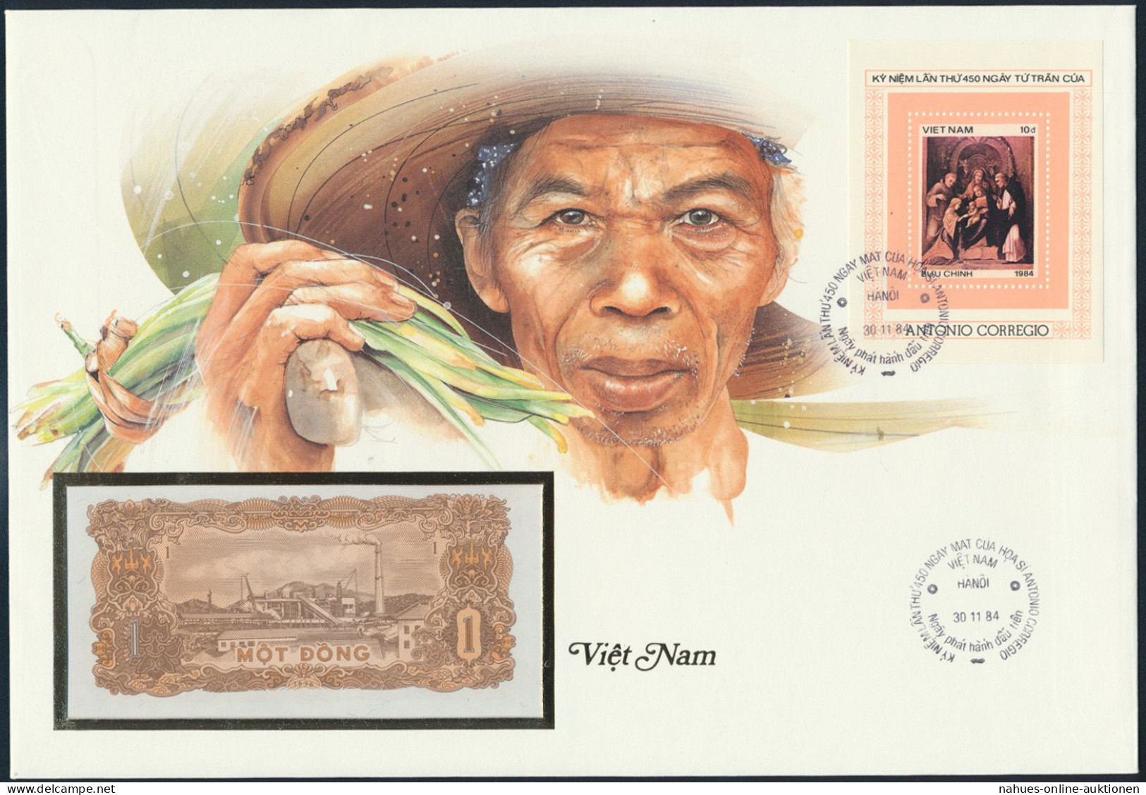 Banknotenbrief Vietnam Schein + Briefmarkenausgabe 1 Dong P80 1984 - Sonstige & Ohne Zuordnung