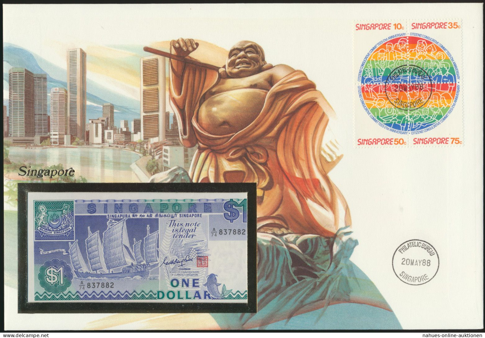 Geldschein Banknotenbrief Singapur Buddha + Briefmarken 1 Dollar P18a 1988 - Andere & Zonder Classificatie