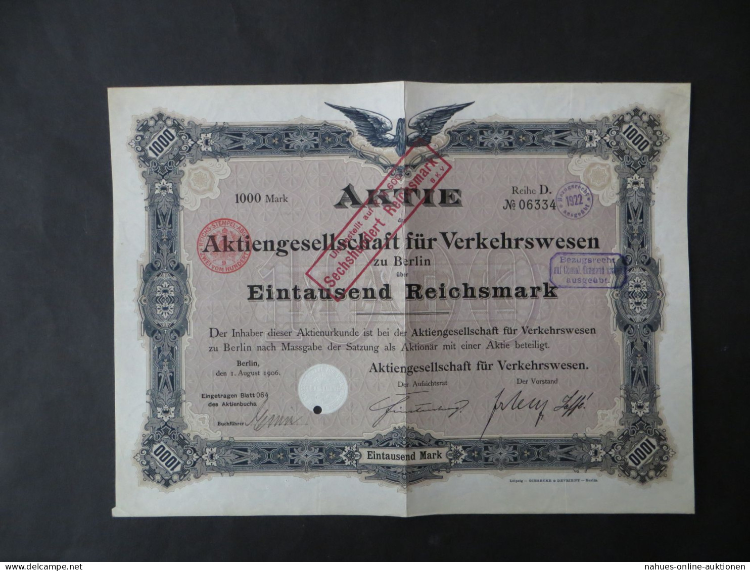 Wertpapier Aktie Verkehrswesen Berlin 1000 Mark Reichsbankschatz Lochentwertung - Other & Unclassified