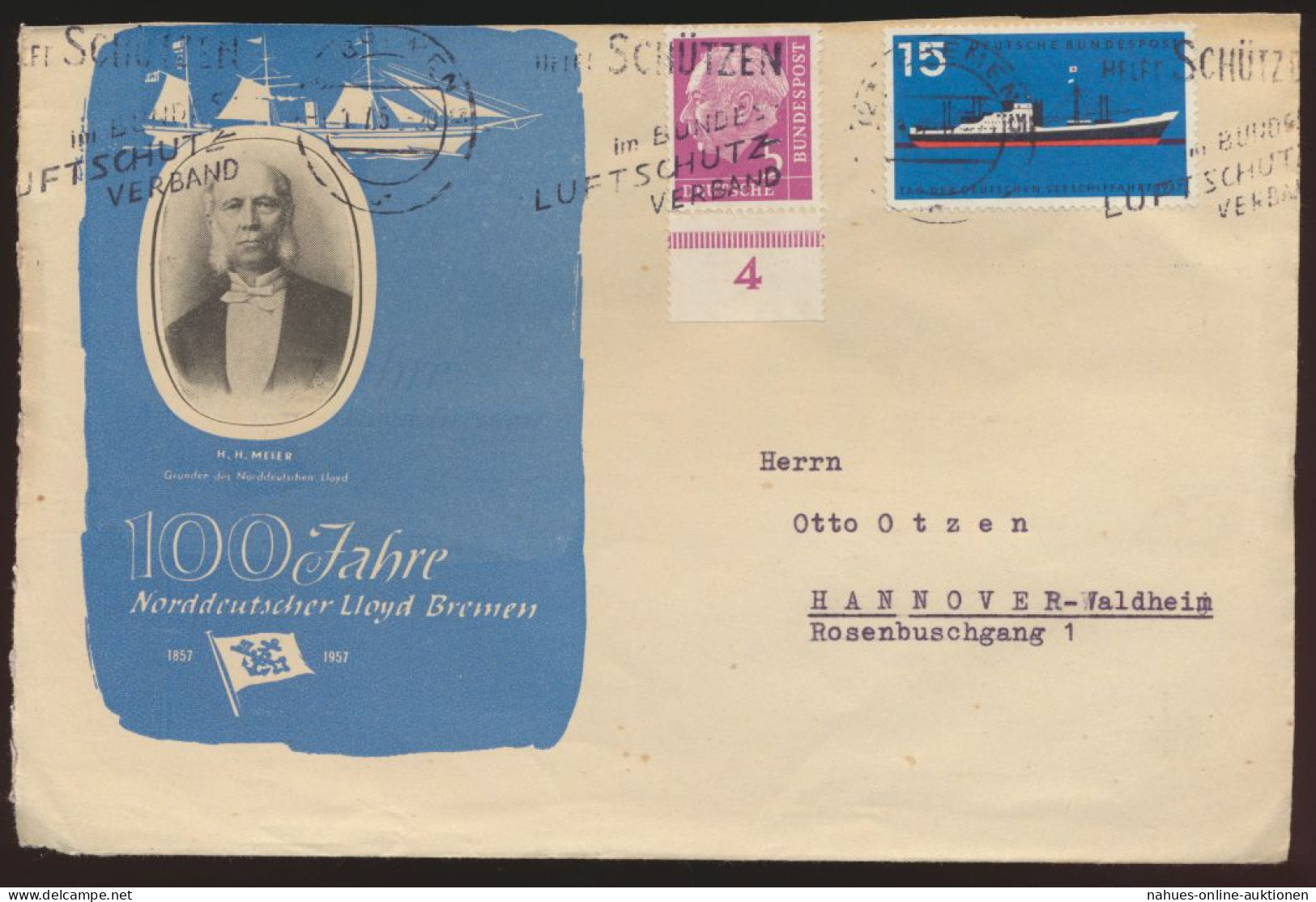 Bund Schiffspost Brief + Heuss 100 J. Norddeutscher Lloyd Bremen N. Hannover - Cartas & Documentos