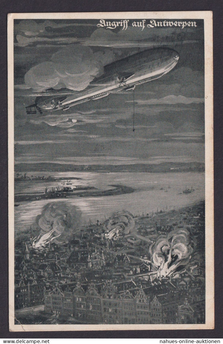 Flugpost Air Mail Zeppelin Ansichtskarte Angriff Auf Antwerpen Luftschiff - Zeppelin