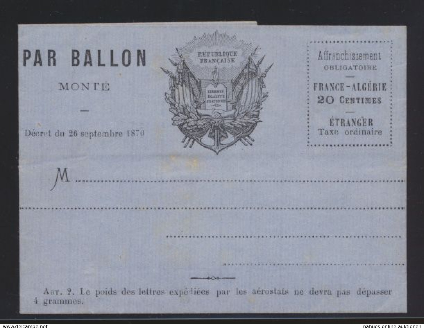Flugpost Air Mail Ballonpost Ballon Monte Frankreich France 20 C. Faltbrief Von - Cartas & Documentos