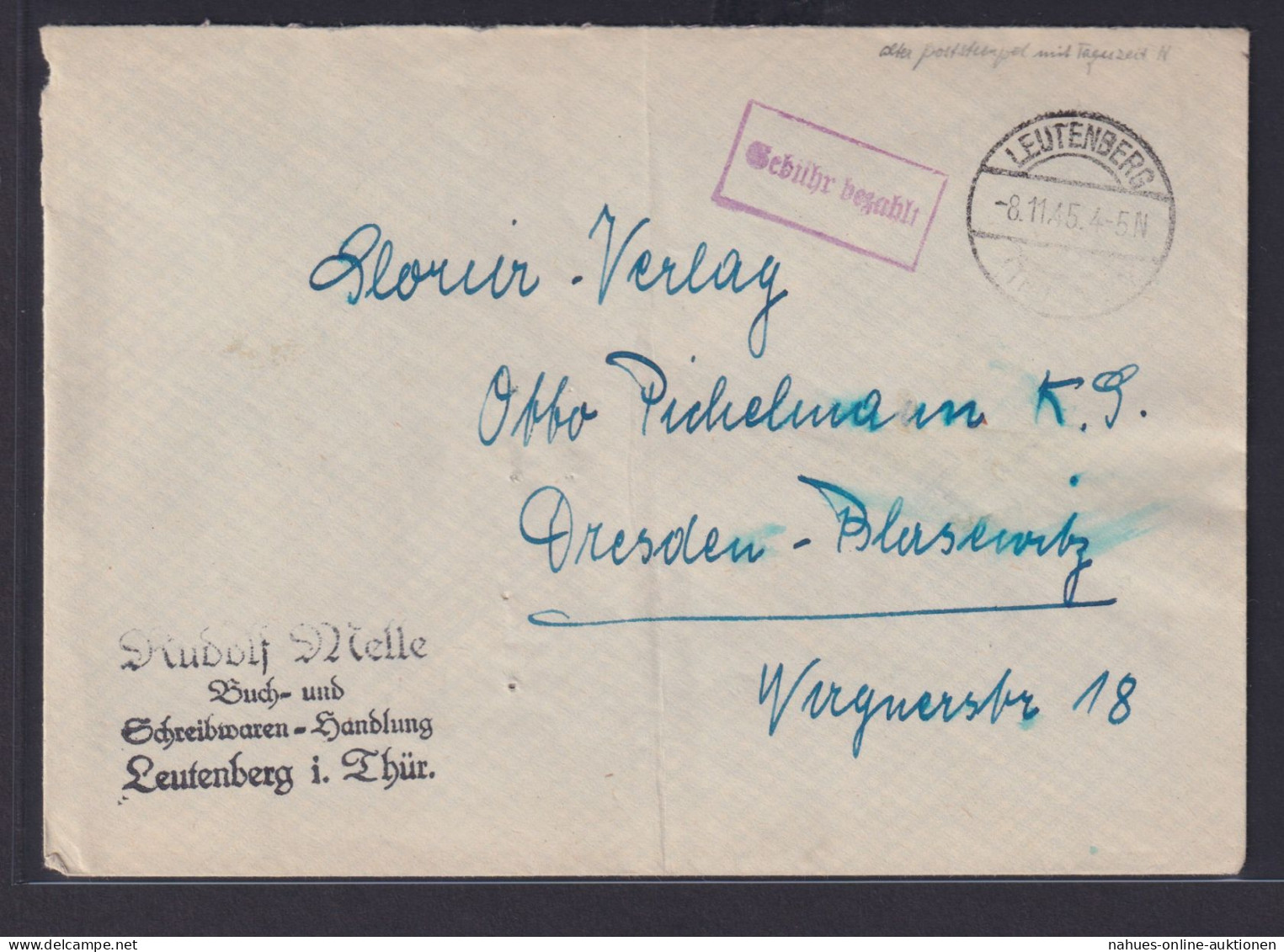 SBZ Brief Leutenberg Gebühr Bezahlt Nach Dresden Blasewitz 8.11.1945 - Autres & Non Classés