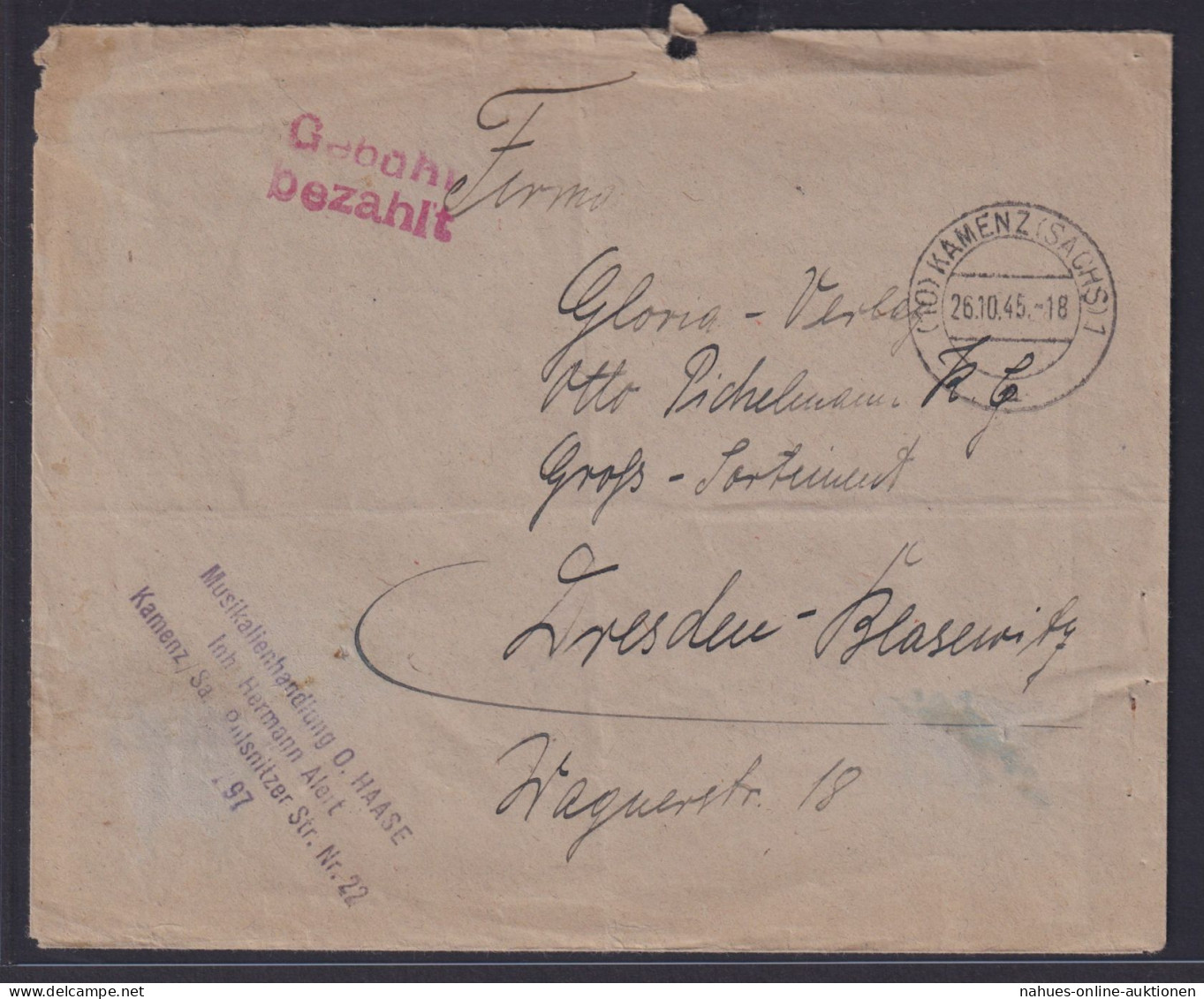 SBZ Brief Roter L2 Gebühr Bezahlt Kamenz Sachsen N. Dresden Blasewitz 26.10.1945 - Otros & Sin Clasificación