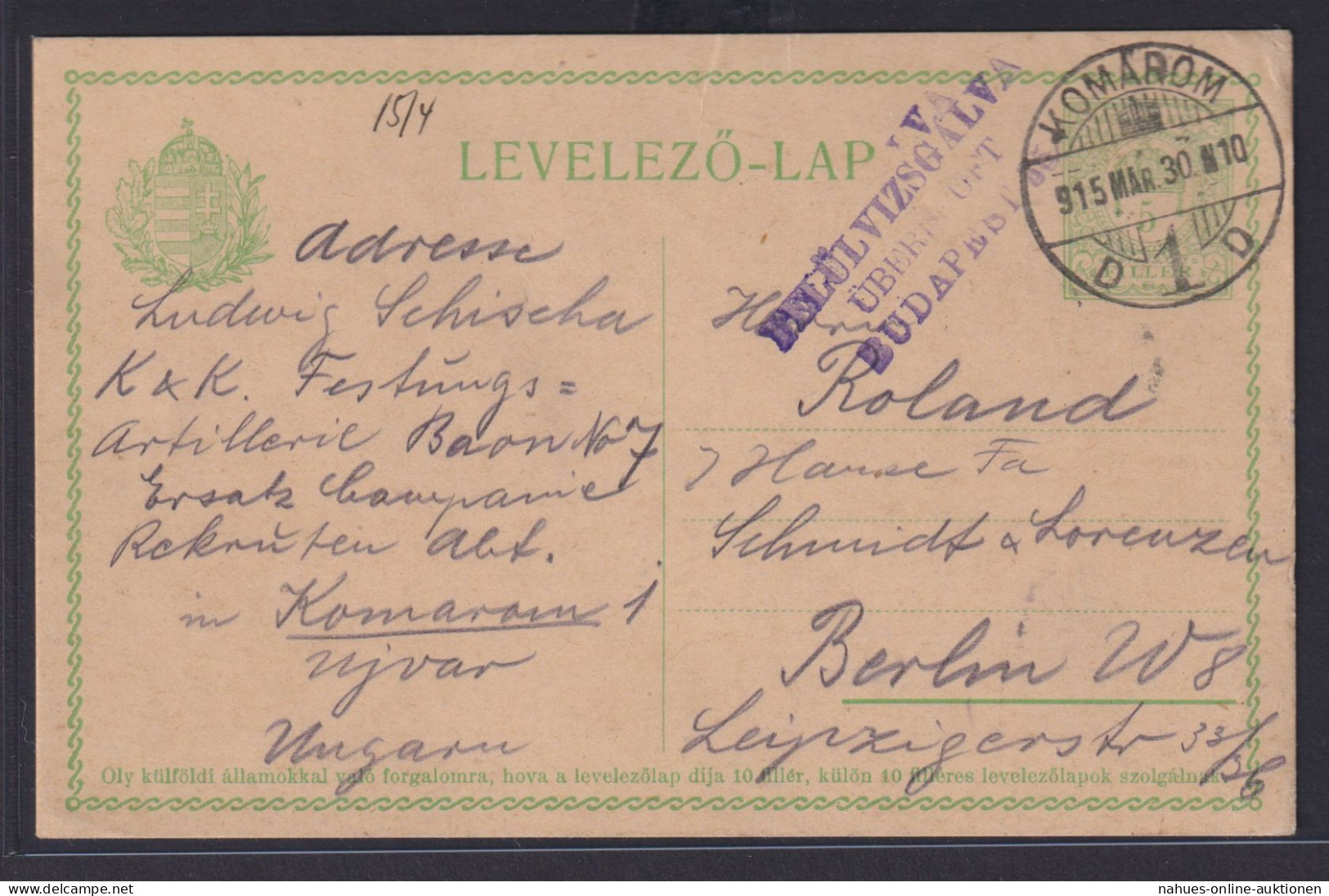 Zensur Ungarn Ganzsache GSK 5 Filler Komárom Nach Berlin 28.3.1915 - Cartas & Documentos