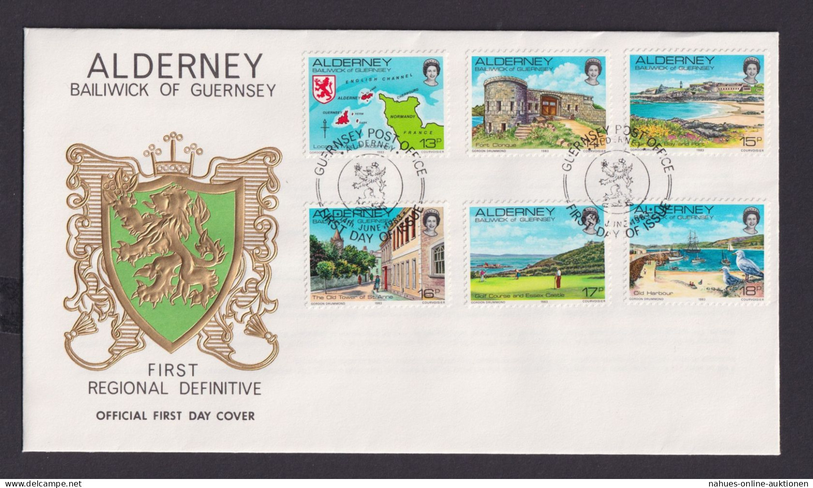 Großbritannien Guernsey Alderney 1-12 Schöner Prägebrief Ansichten Queen - Guernsey