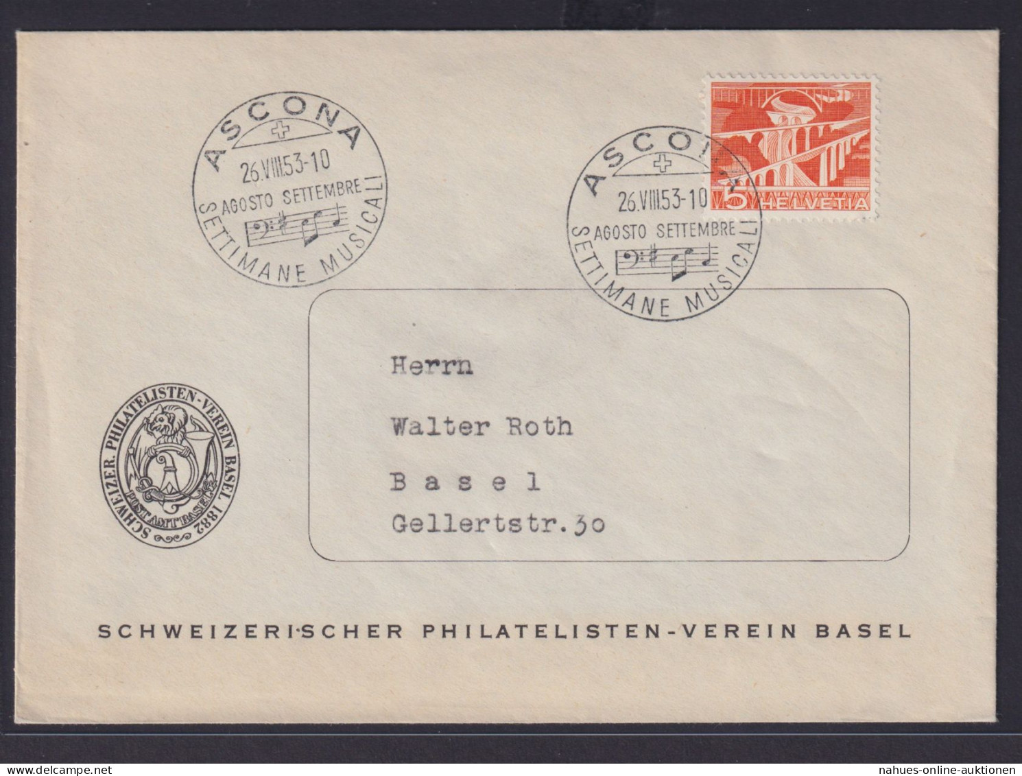 Schweiß Brief Musik Ascona Nach Basel Philatelie Briefmarken Settimane Musical - Lettres & Documents