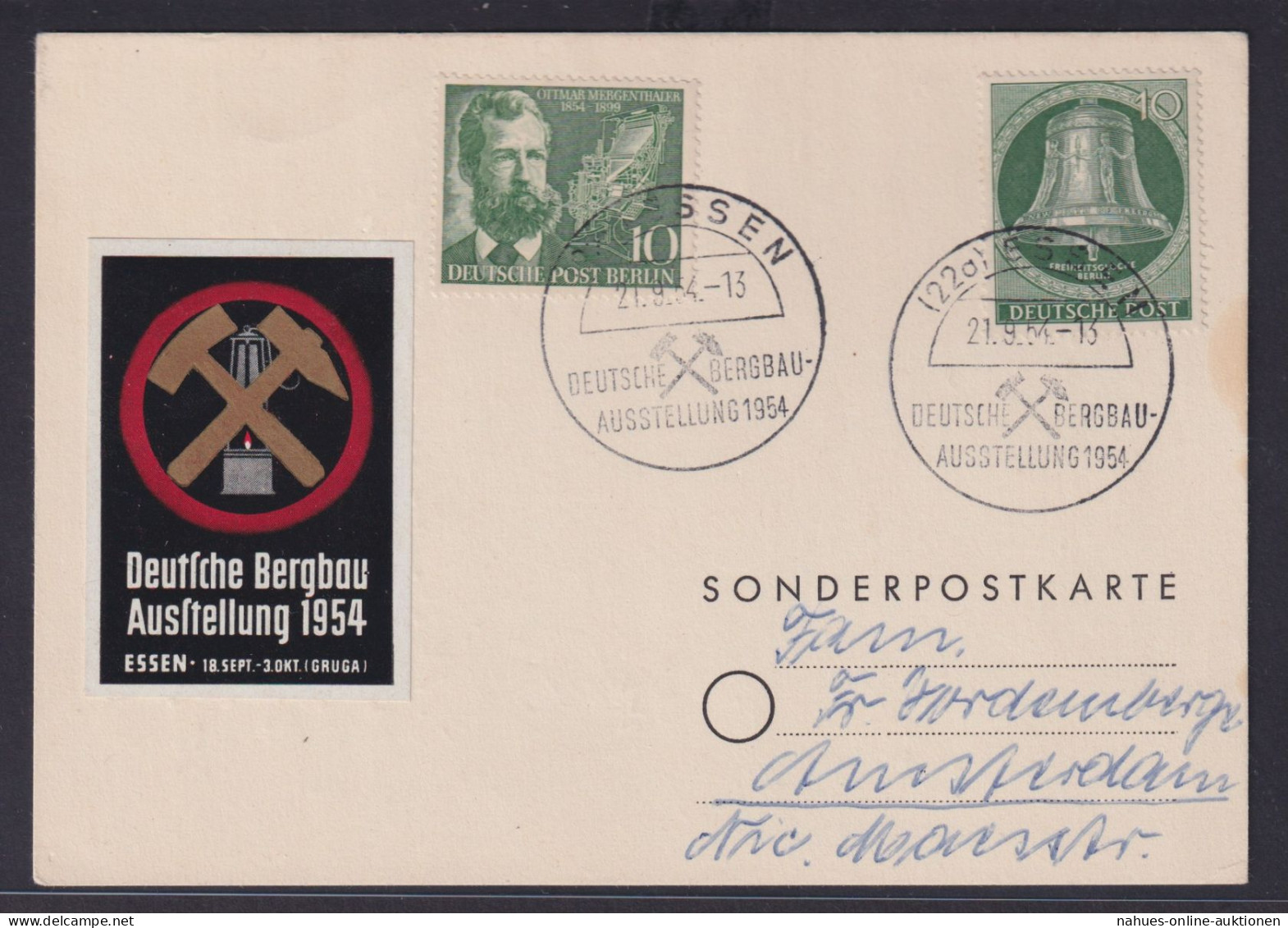 Bergbau Berlin Bund Selt.Vignette + SST Essen Ausstellung 1954 Nach Amsterdam - Storia Postale