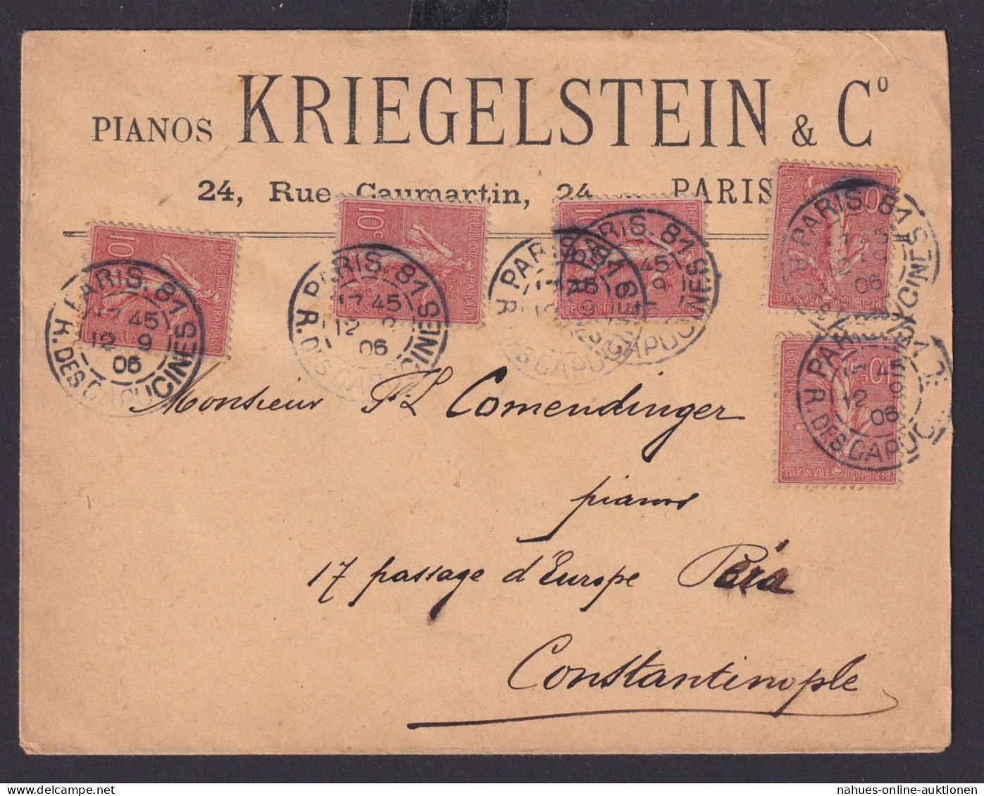 Frankreich Brief MEF 10 C Paris Nach Constantinopel Istanbul - Briefe U. Dokumente