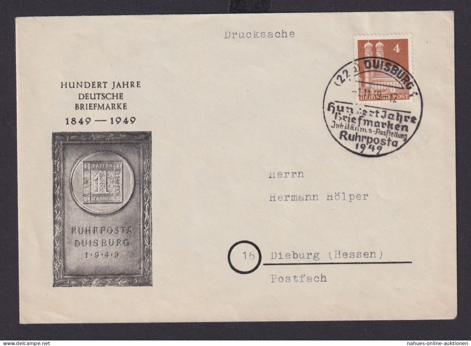 Bizone Philatelie Duisburg Brief EF 4 Pfg. Bauten Mit SST 100 Jahre Briefmarken - Brieven En Documenten