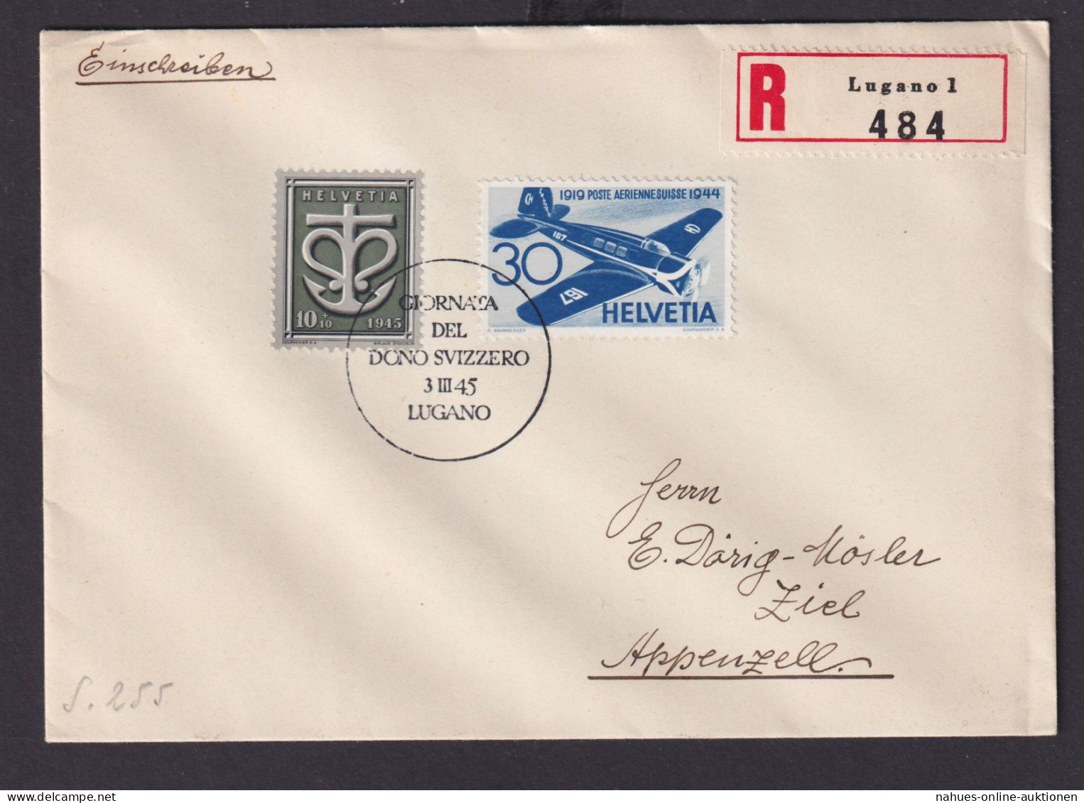 Schweiz R Brief MIF Flugpost 437 + 443 Kriegsgeschädigte Lugano Nach Alpenzell - Cartas & Documentos