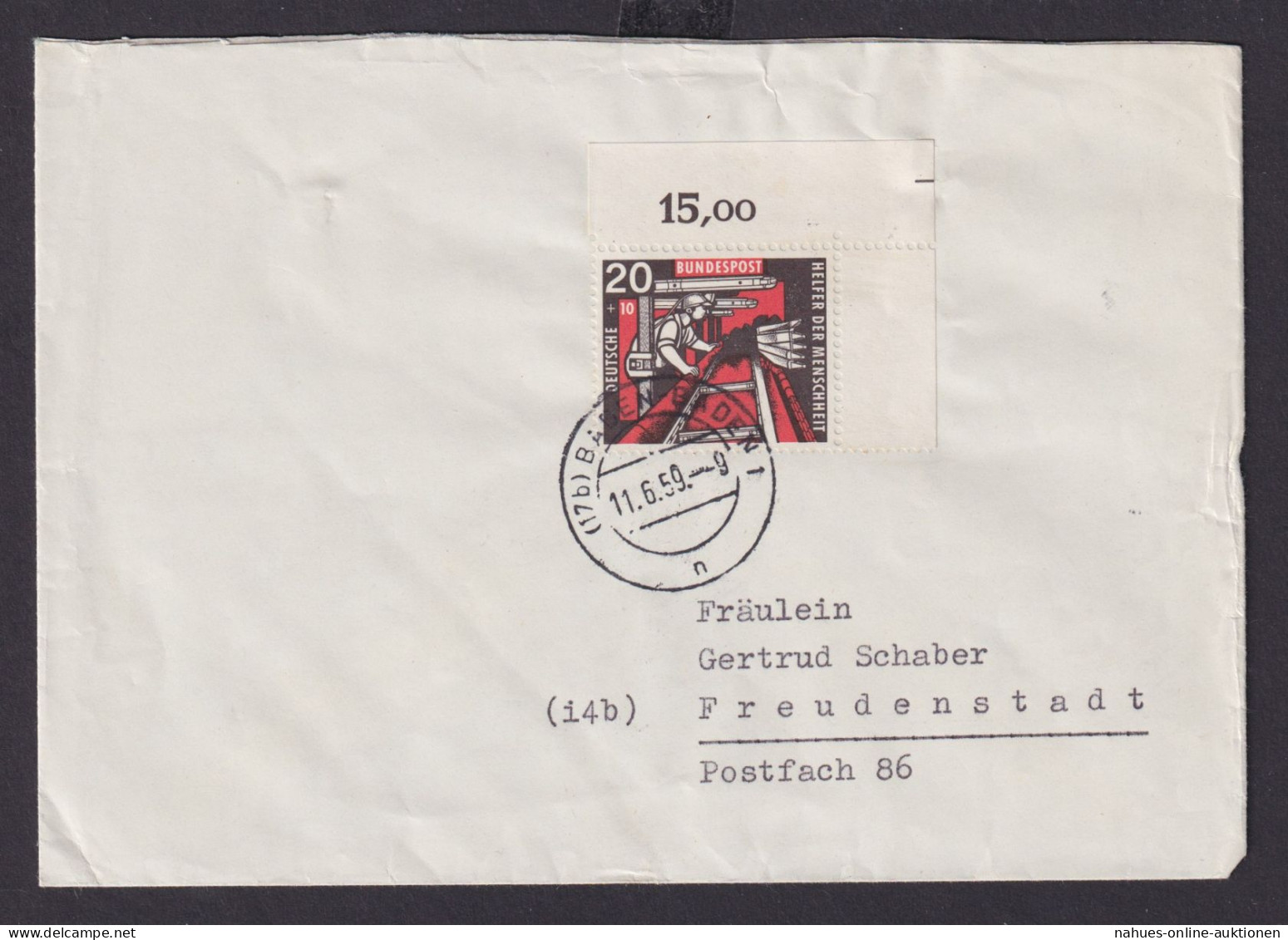 Bund Brief Bogenecke Eckrand Wohlfahrt Kohlebergbau Baden Baden N. Freudenstadt - Storia Postale