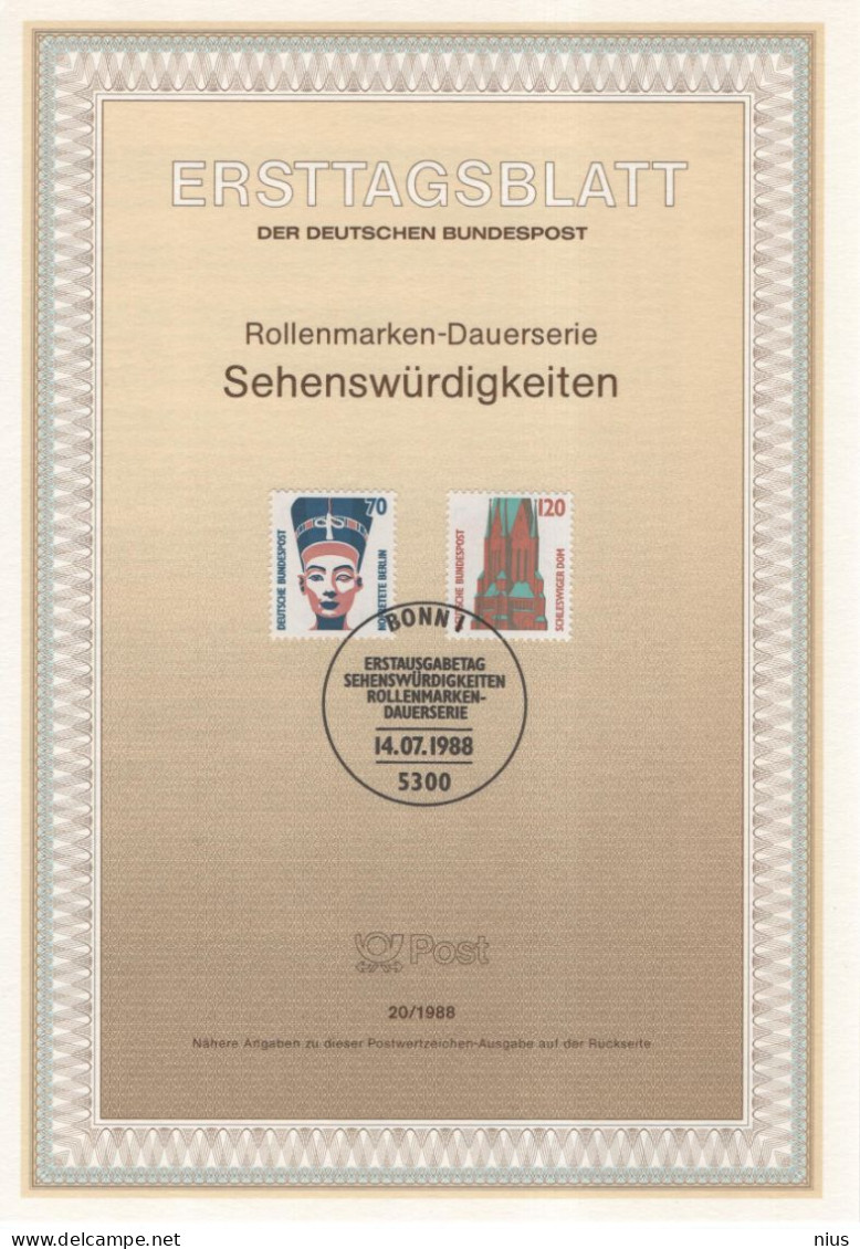 Germany Deutschland 1988-20 Sehenswurdigkeiten, Nofretete, Nefertiti Egypt, Schleswiger Dom, Canceled In Bonn - 1981-1990